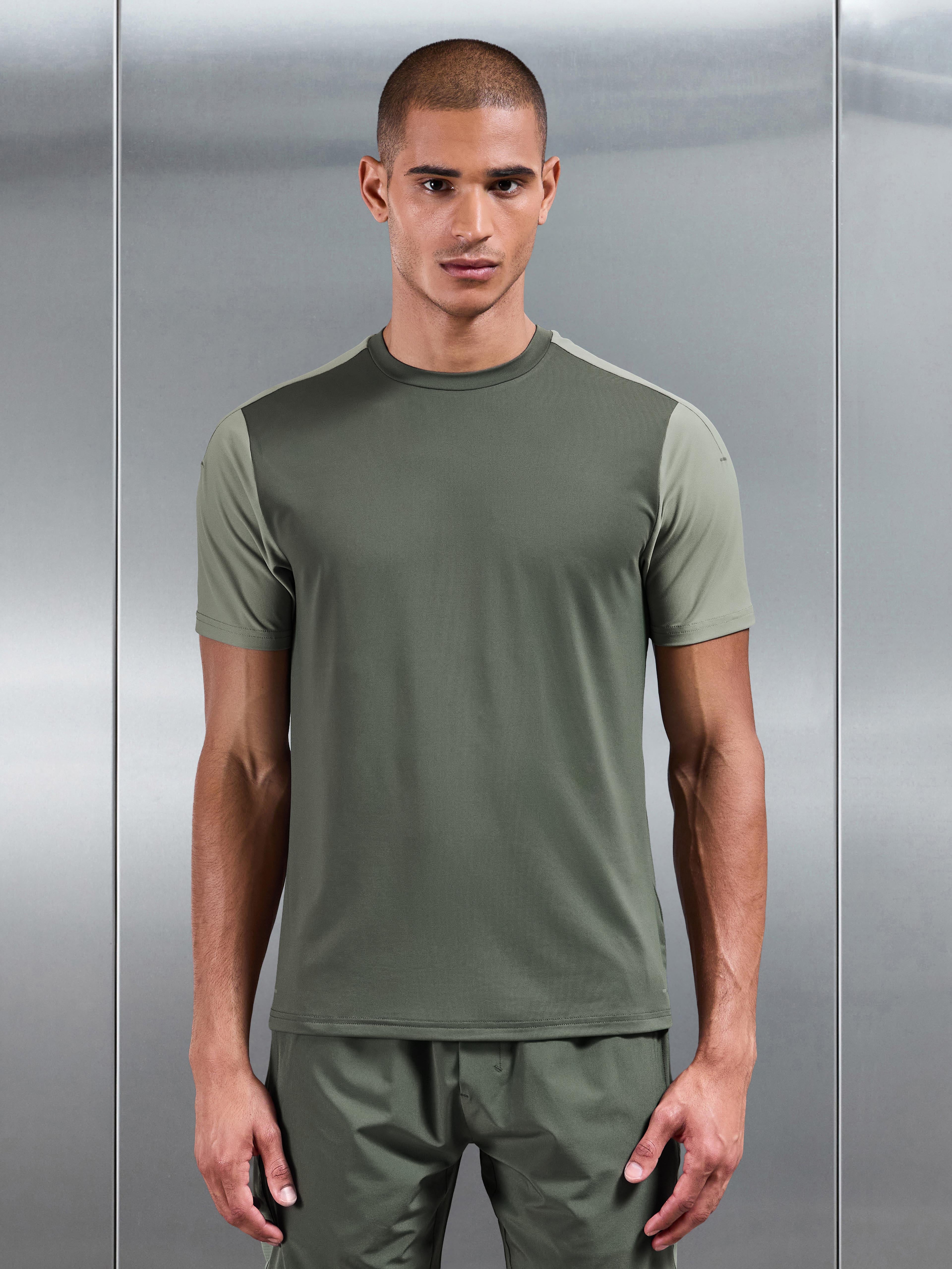Mens Track Colour Block Active T-Shirt in Sage Light Sage