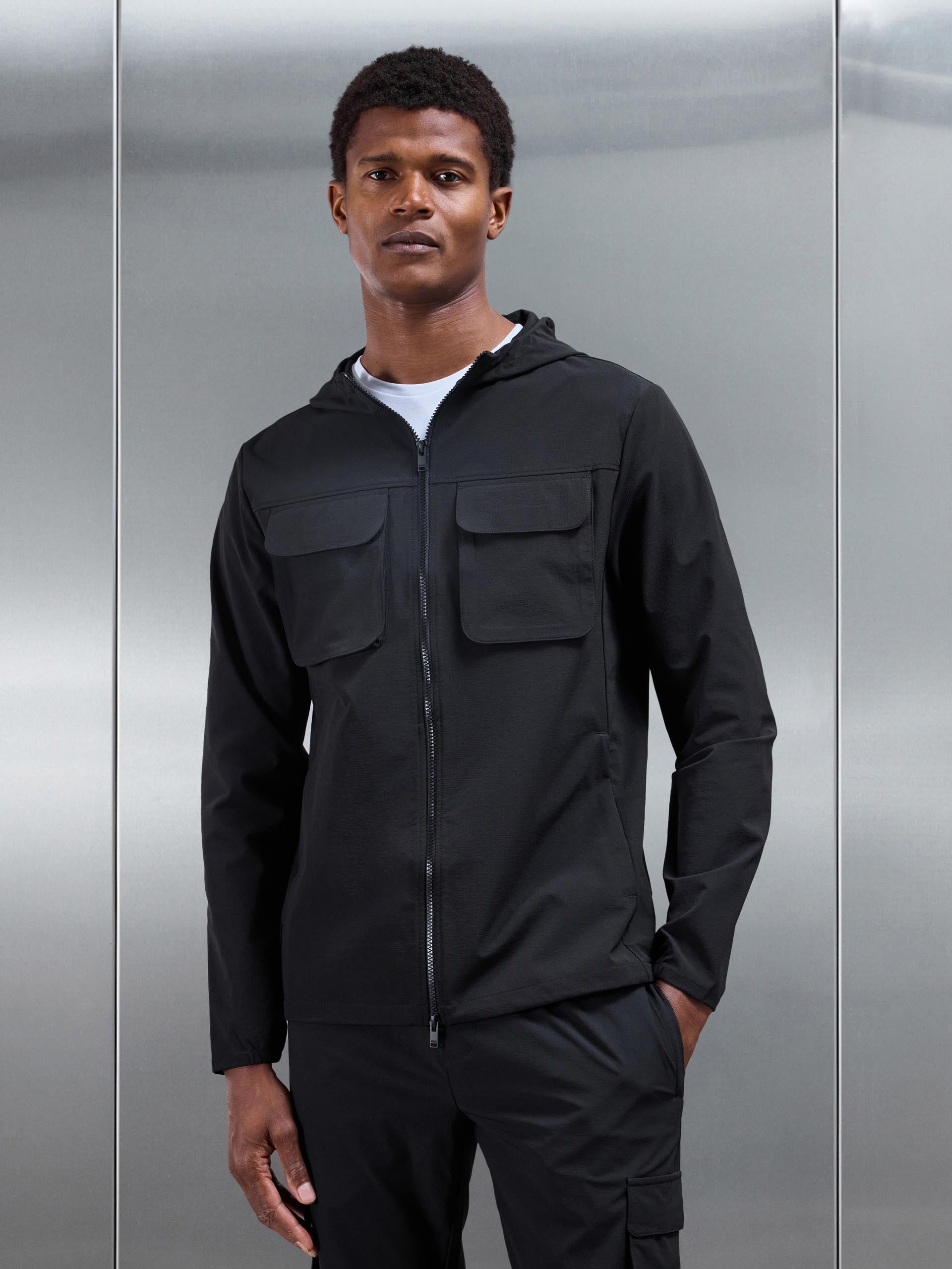 Mens Utility Cargo Windbreaker in Black
