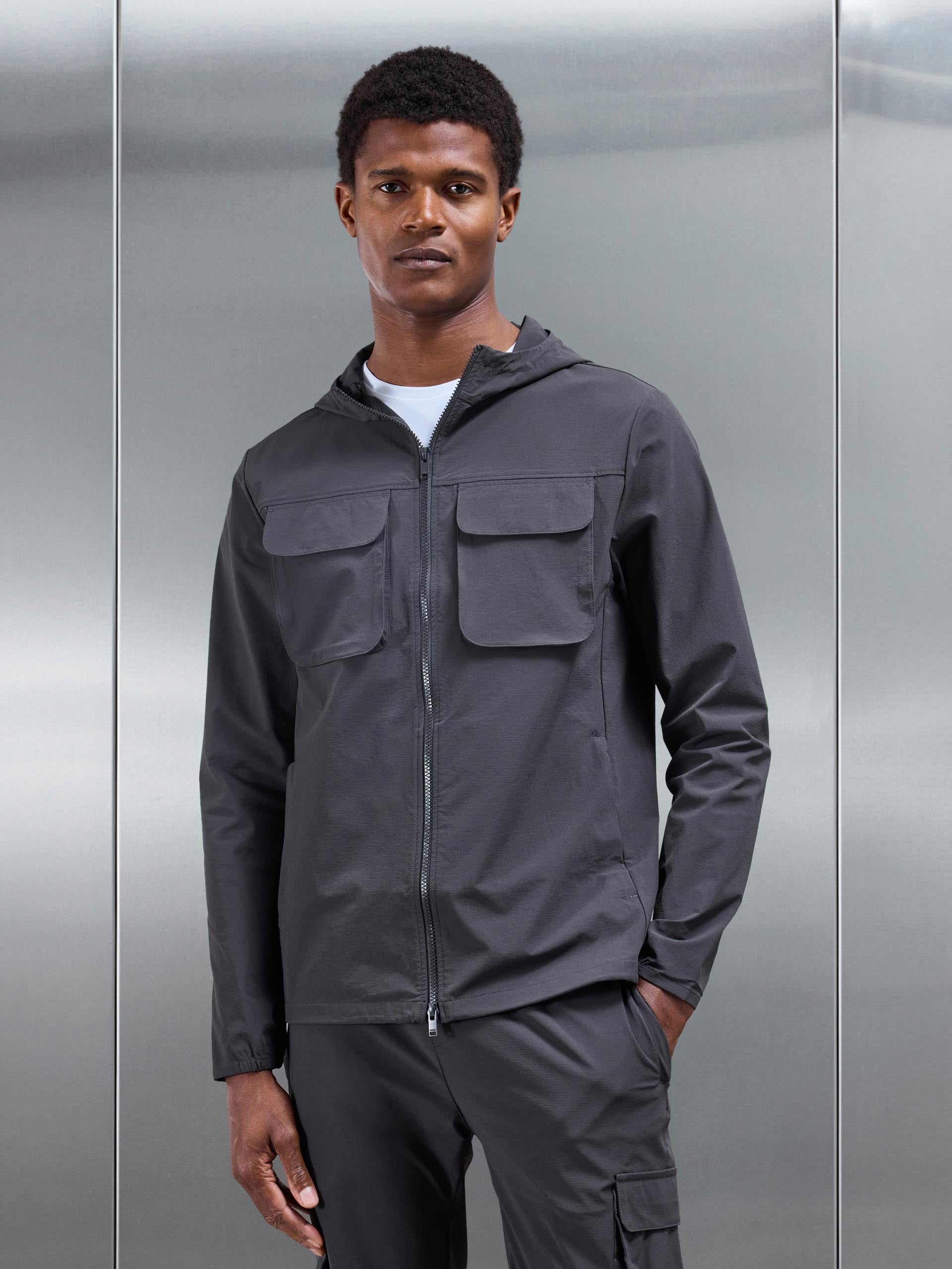 Mens Utility Cargo Windbreaker in Grey