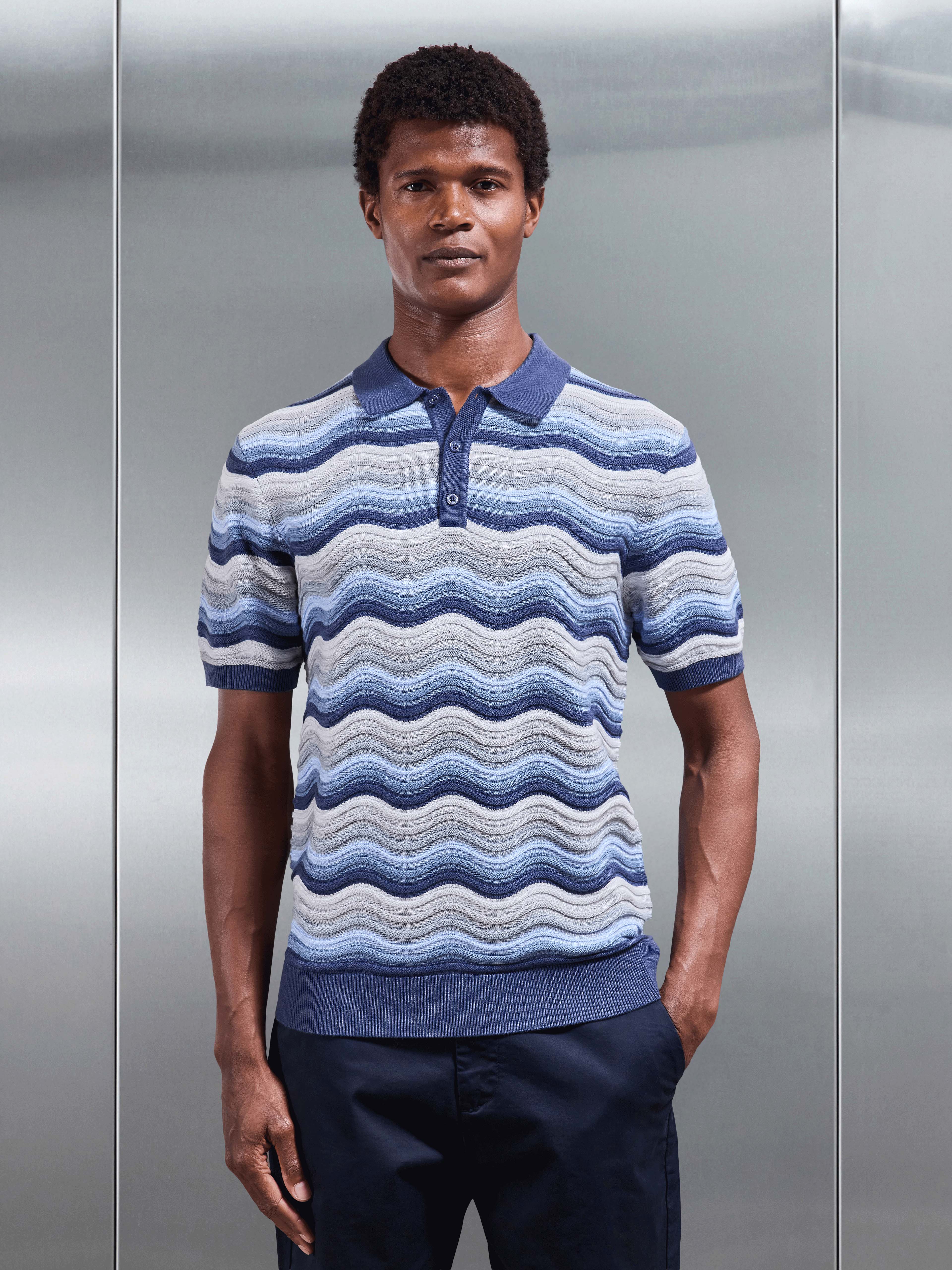 Mens Wave Colour Block Polo Shirt in Blue