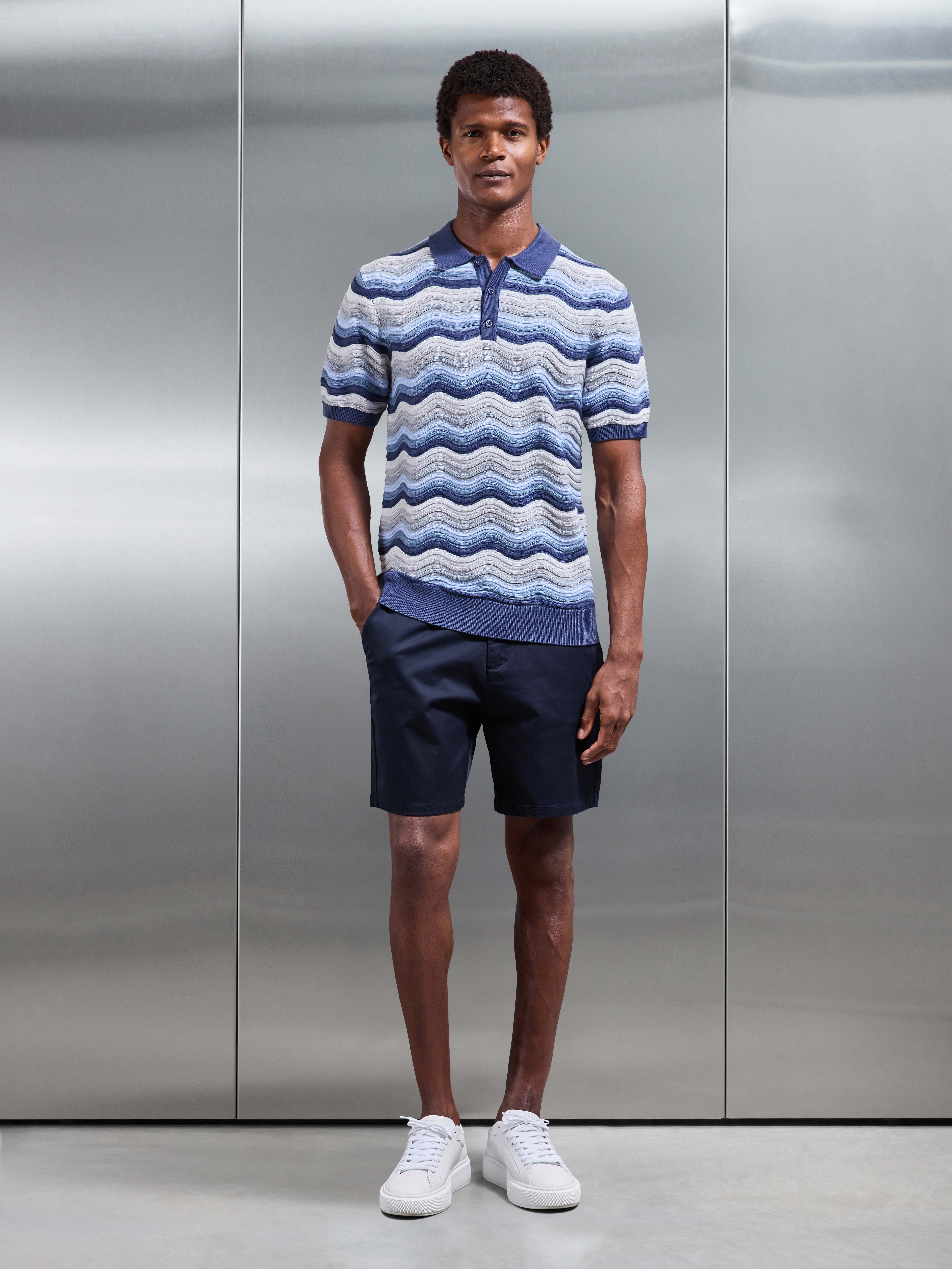 Mens Wave Colour Block Polo Shirt in Blue