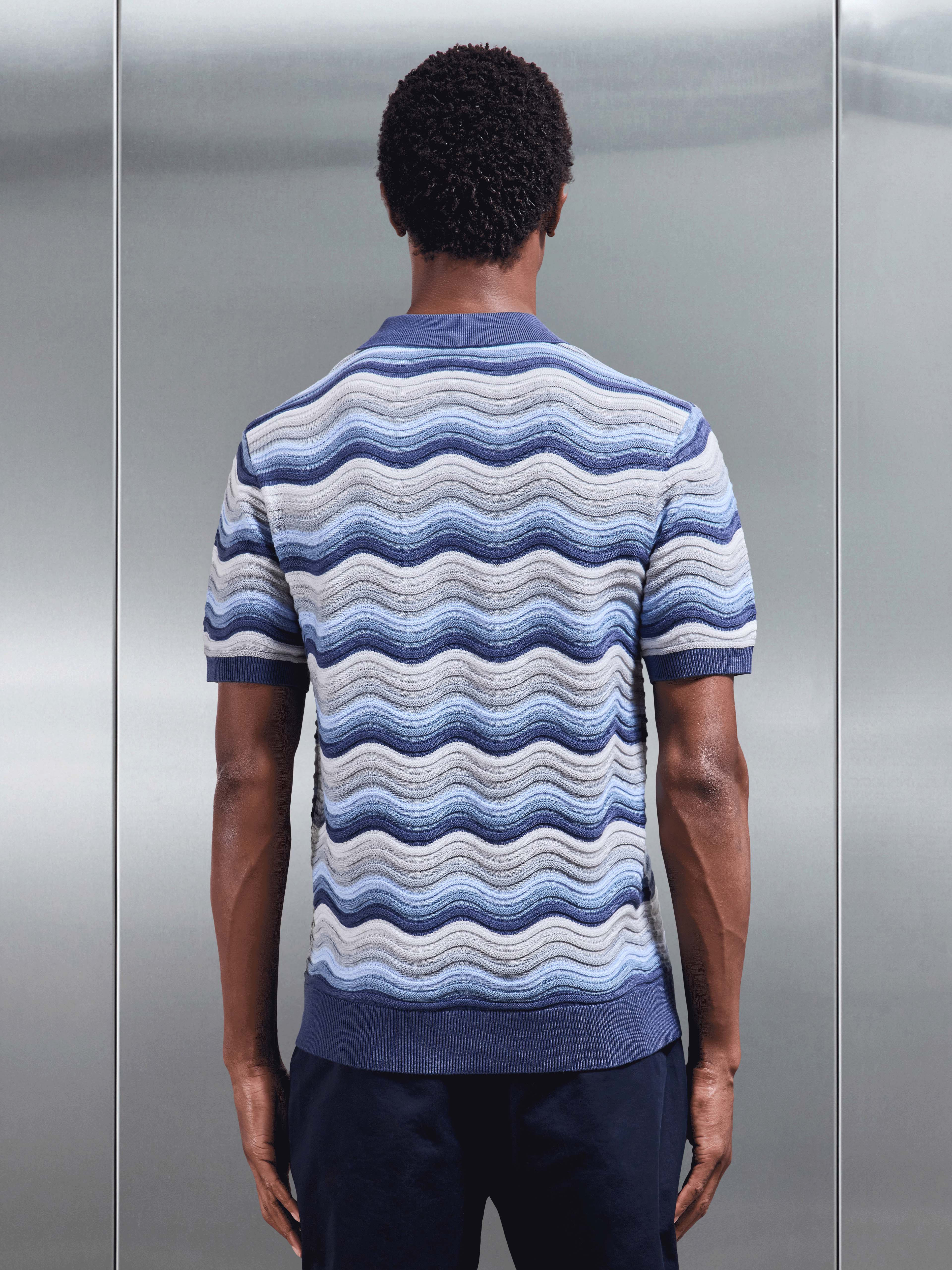 Mens Wave Colour Block Polo Shirt in Blue