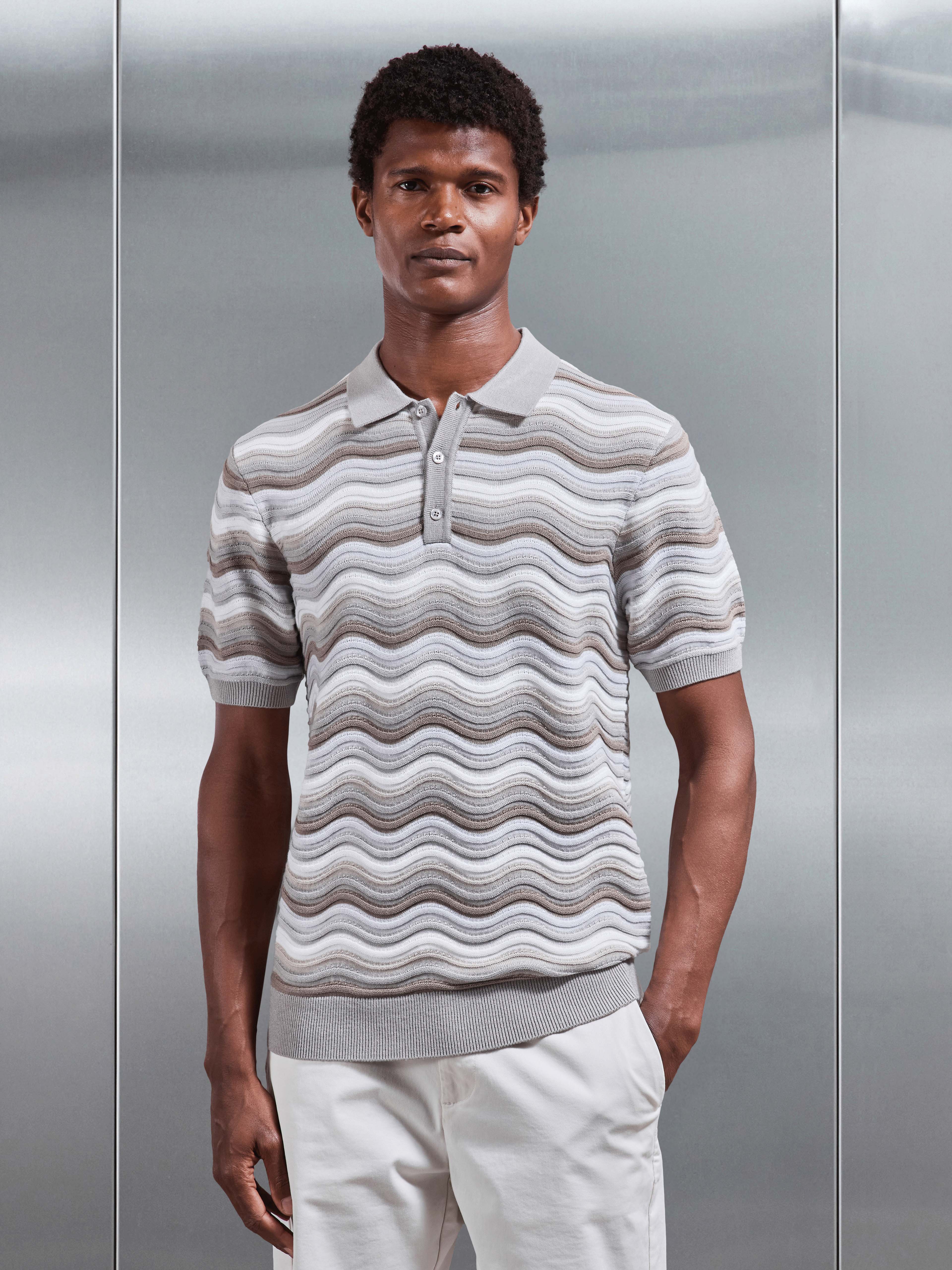 Mens Wave Colour Block Polo Shirt in Stone