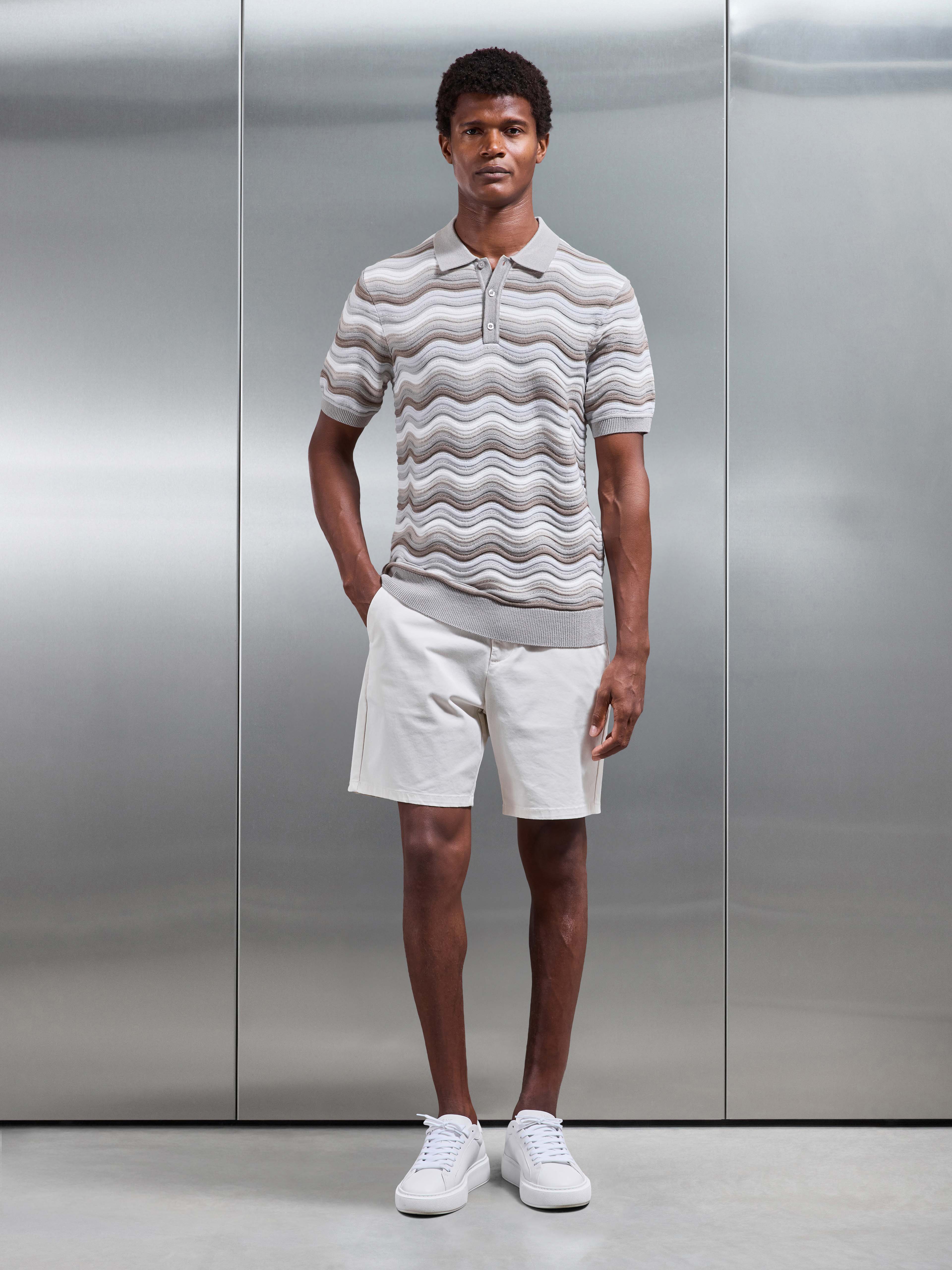 Mens Wave Colour Block Polo Shirt in Stone