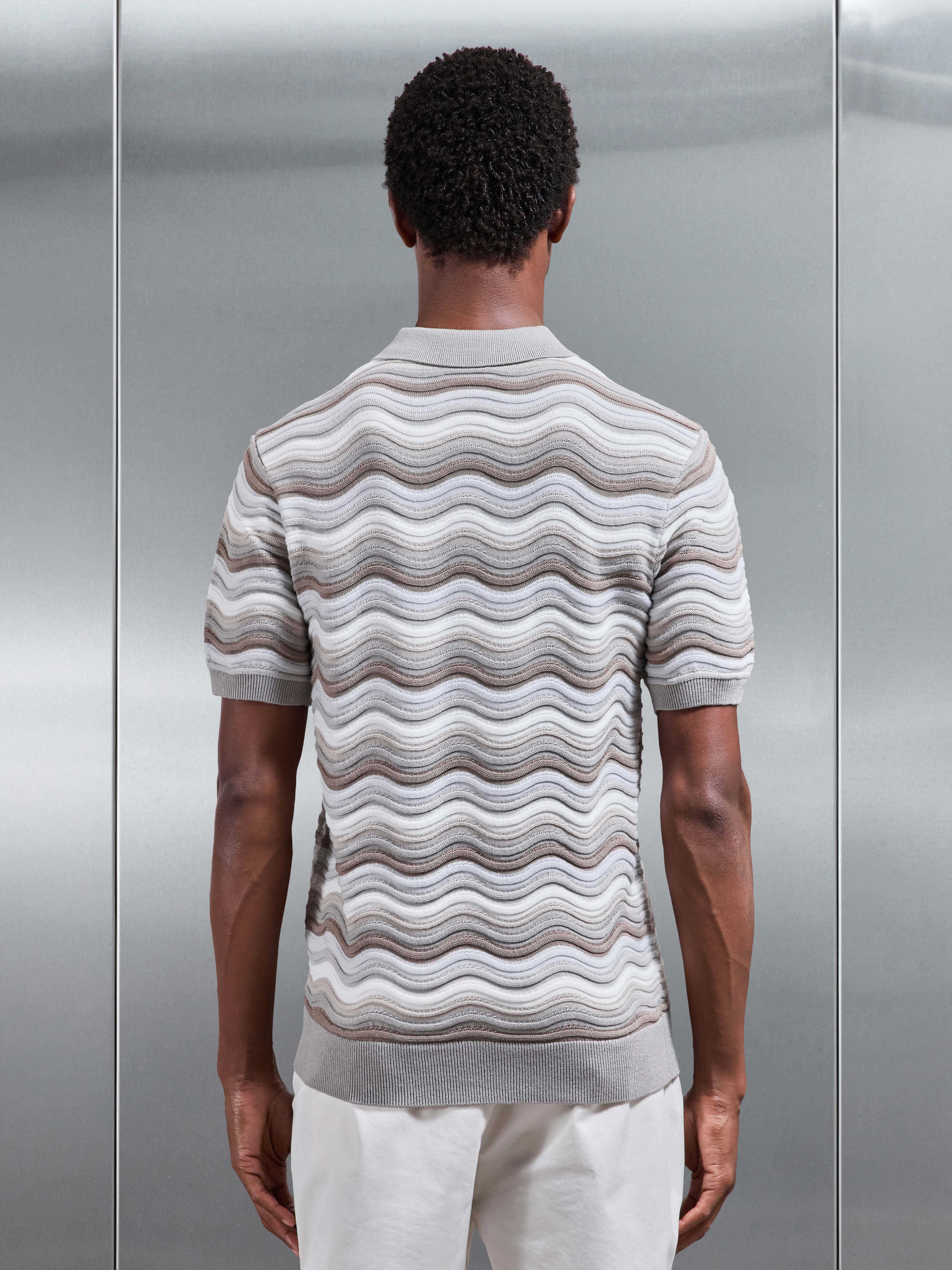 Mens Wave Colour Block Polo Shirt in Stone