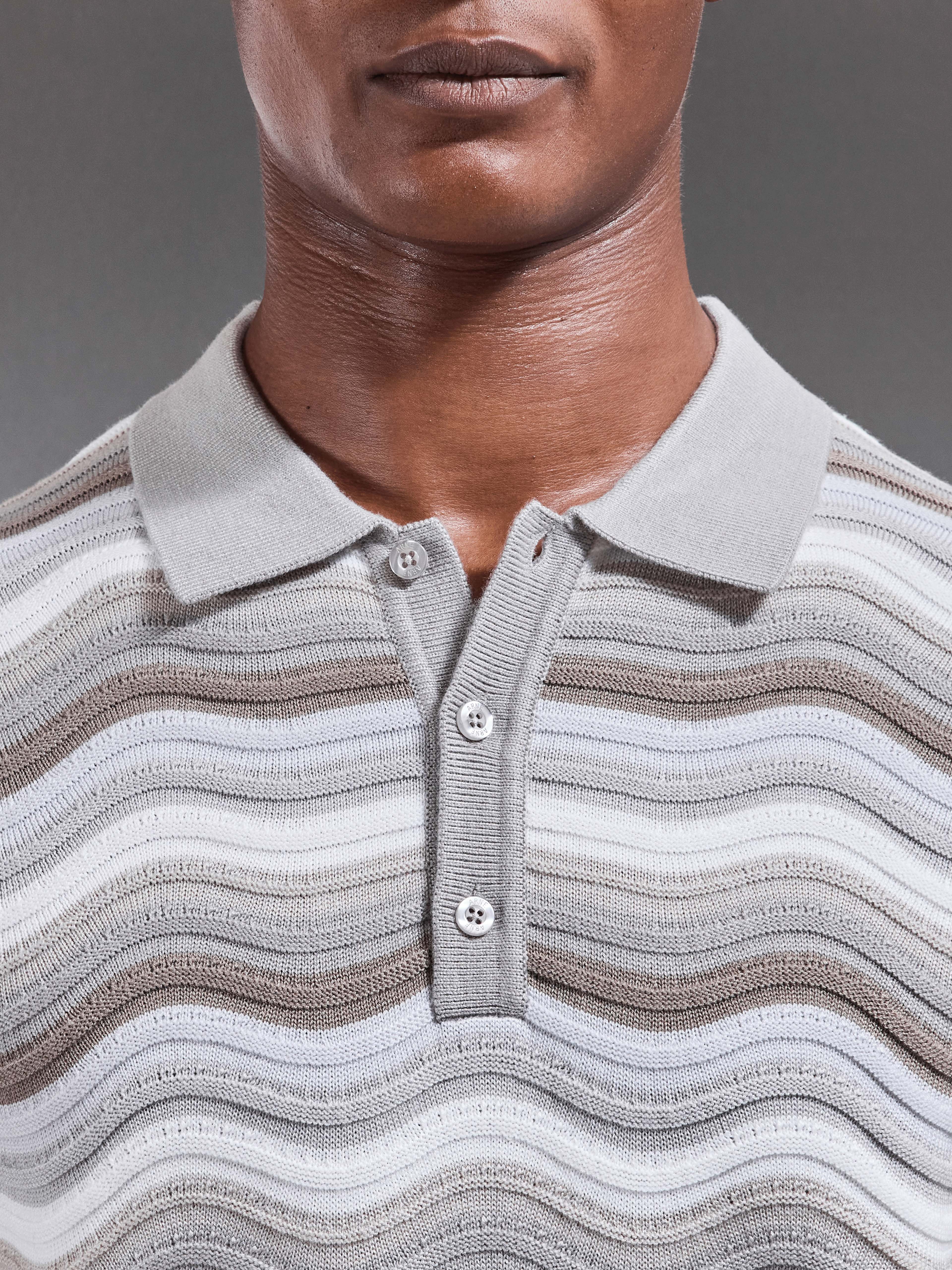 Mens Wave Colour Block Polo Shirt in Stone