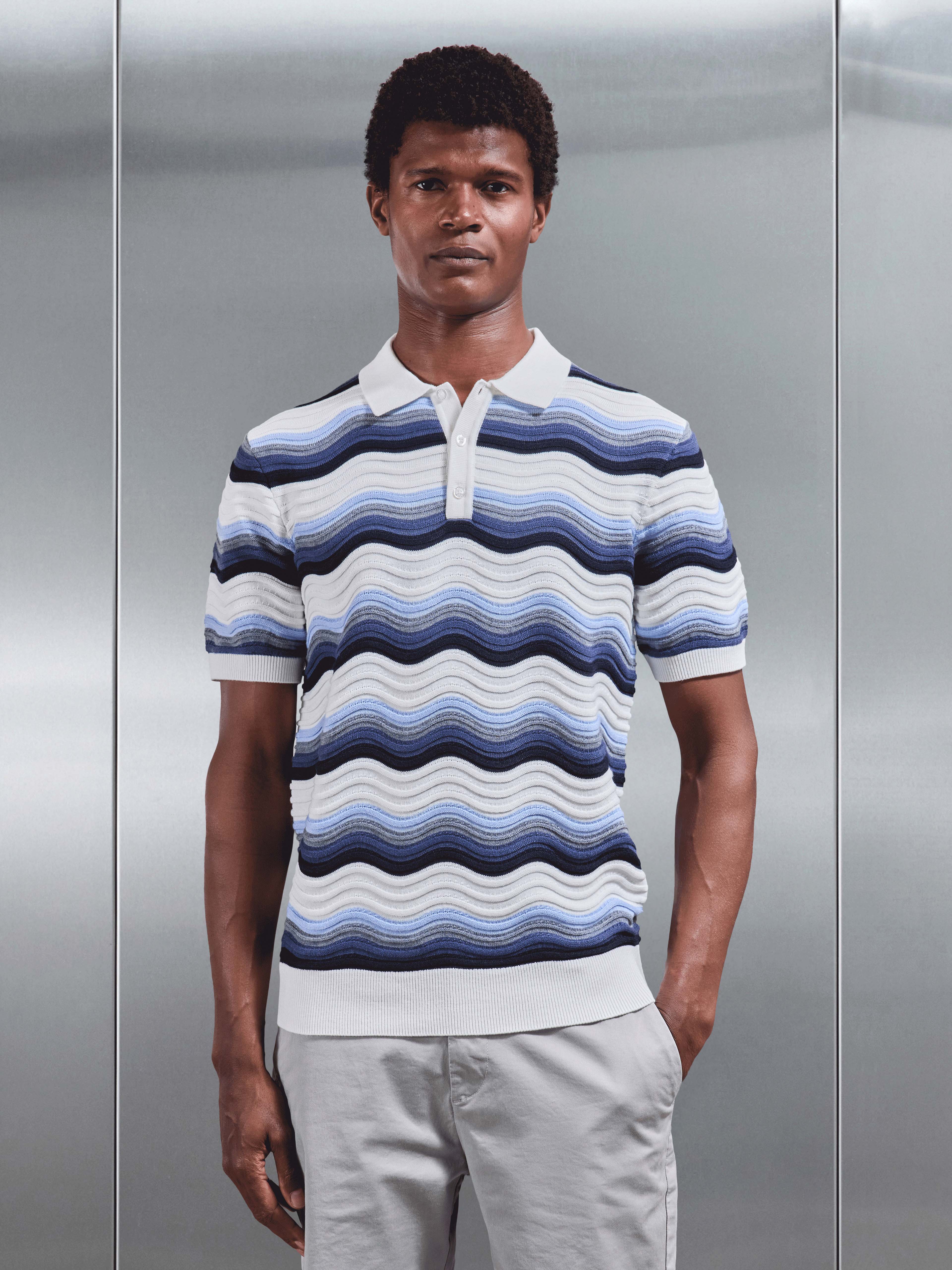 Mens Wave Colour Block Polo Shirt in White