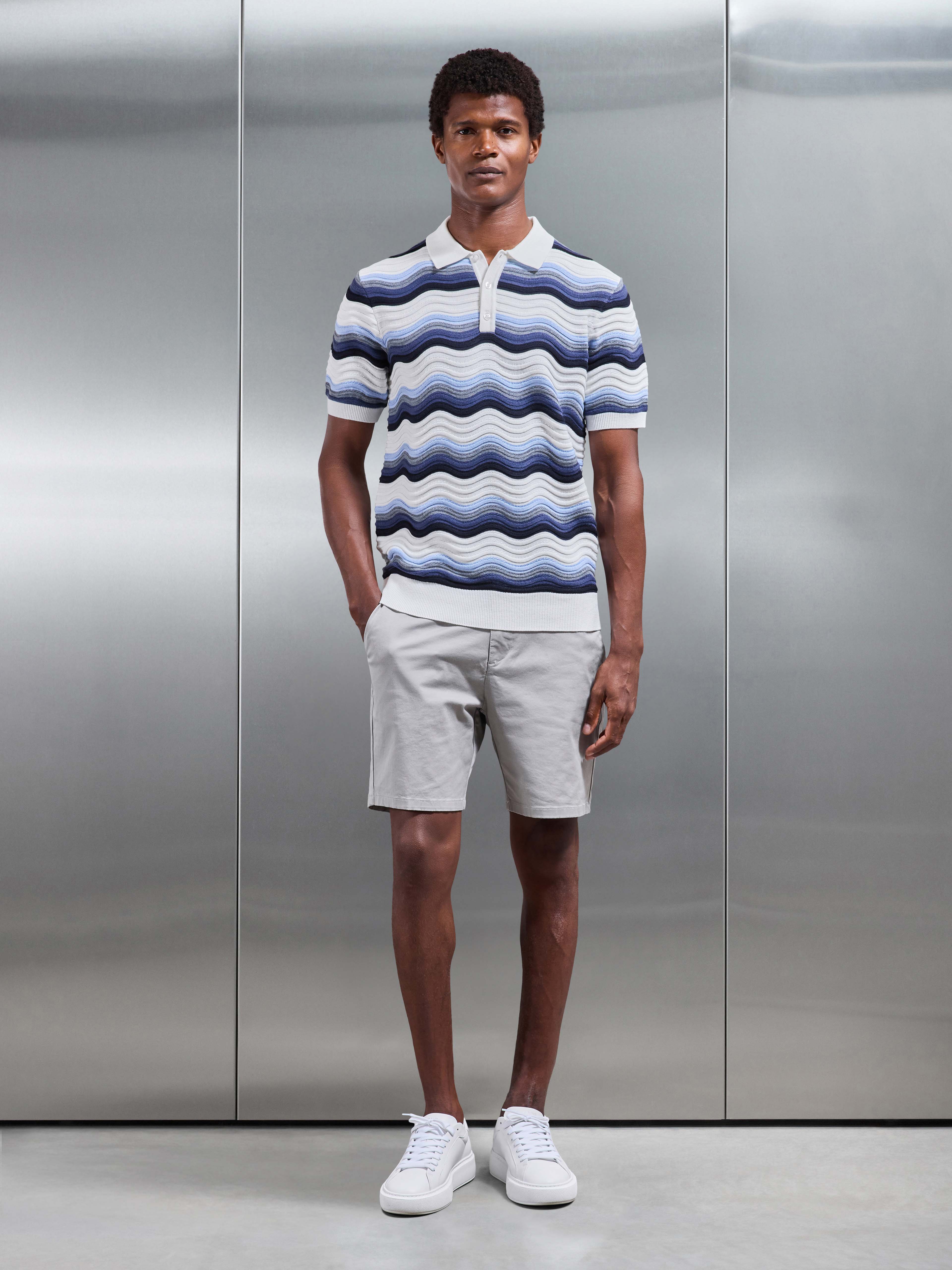 Mens Wave Colour Block Polo Shirt in White