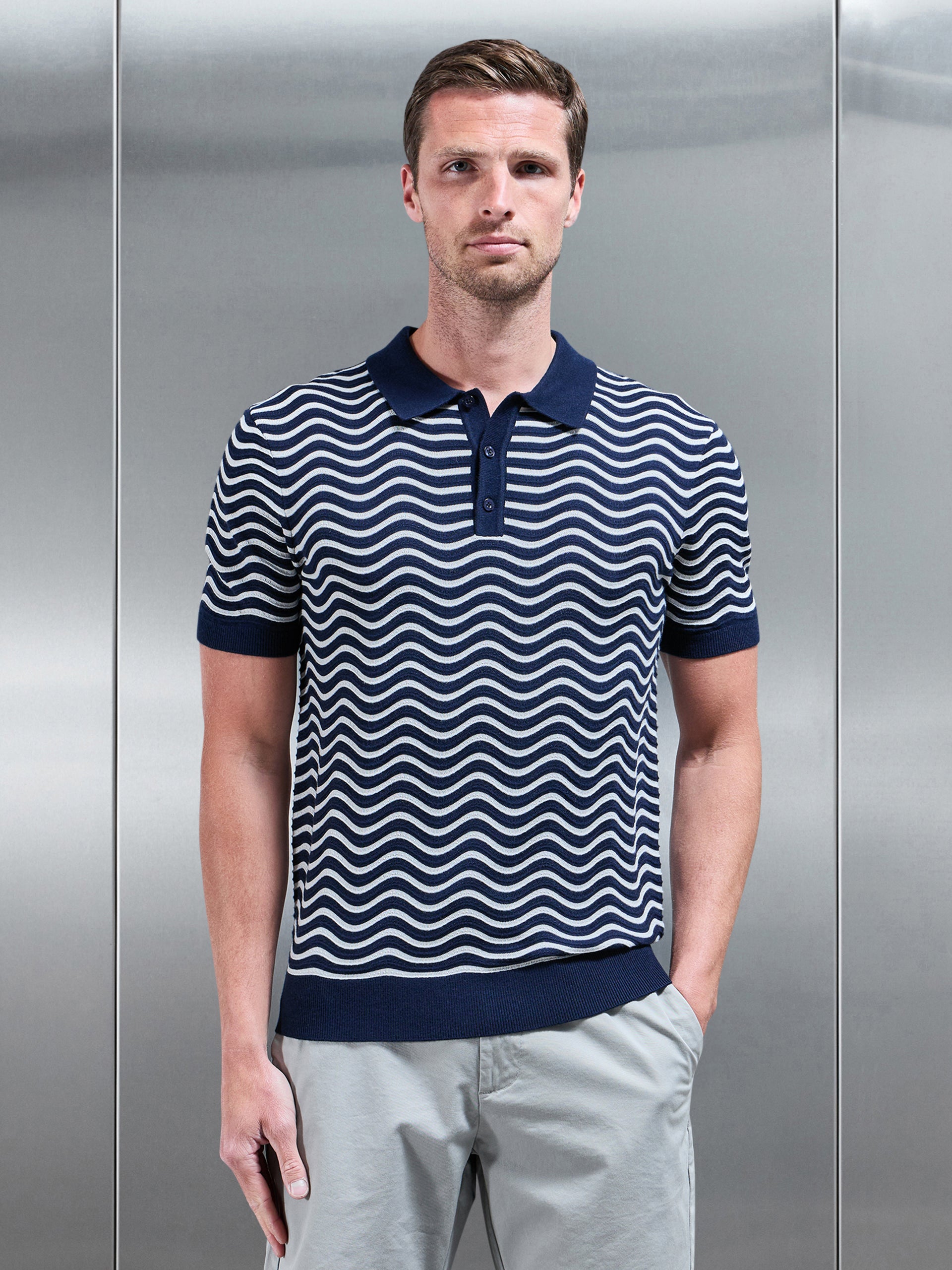 Mens Wave Knitted Button Polo Shirt in Navy Mid Grey