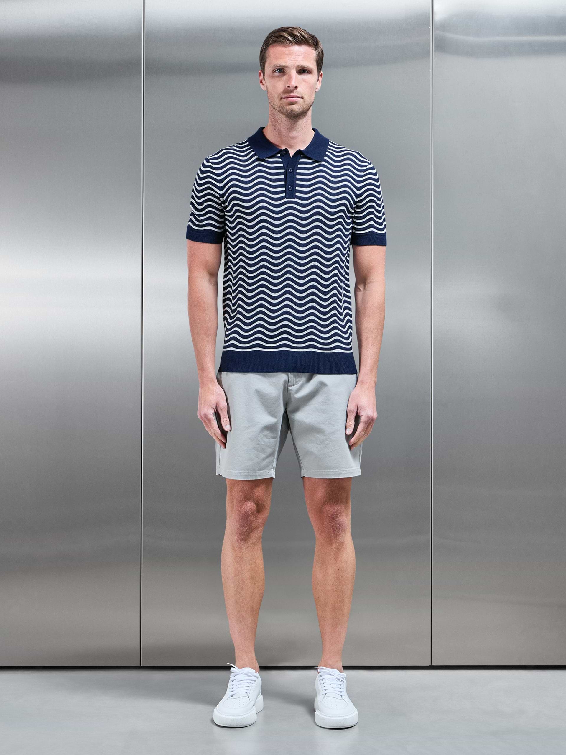 Mens Wave Knitted Button Polo Shirt in Navy Mid Grey