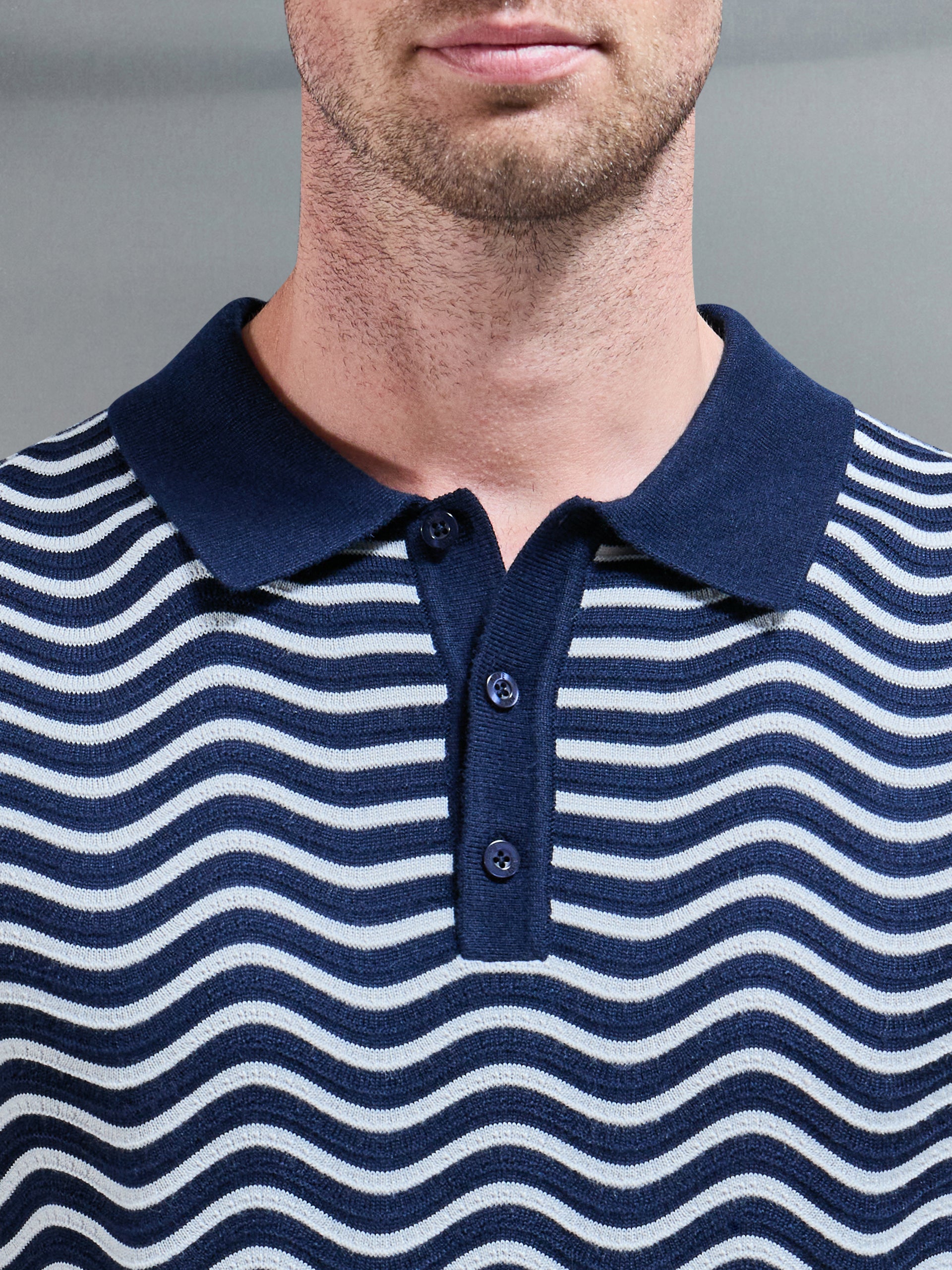 Mens Wave Knitted Button Polo Shirt in Navy Mid Grey
