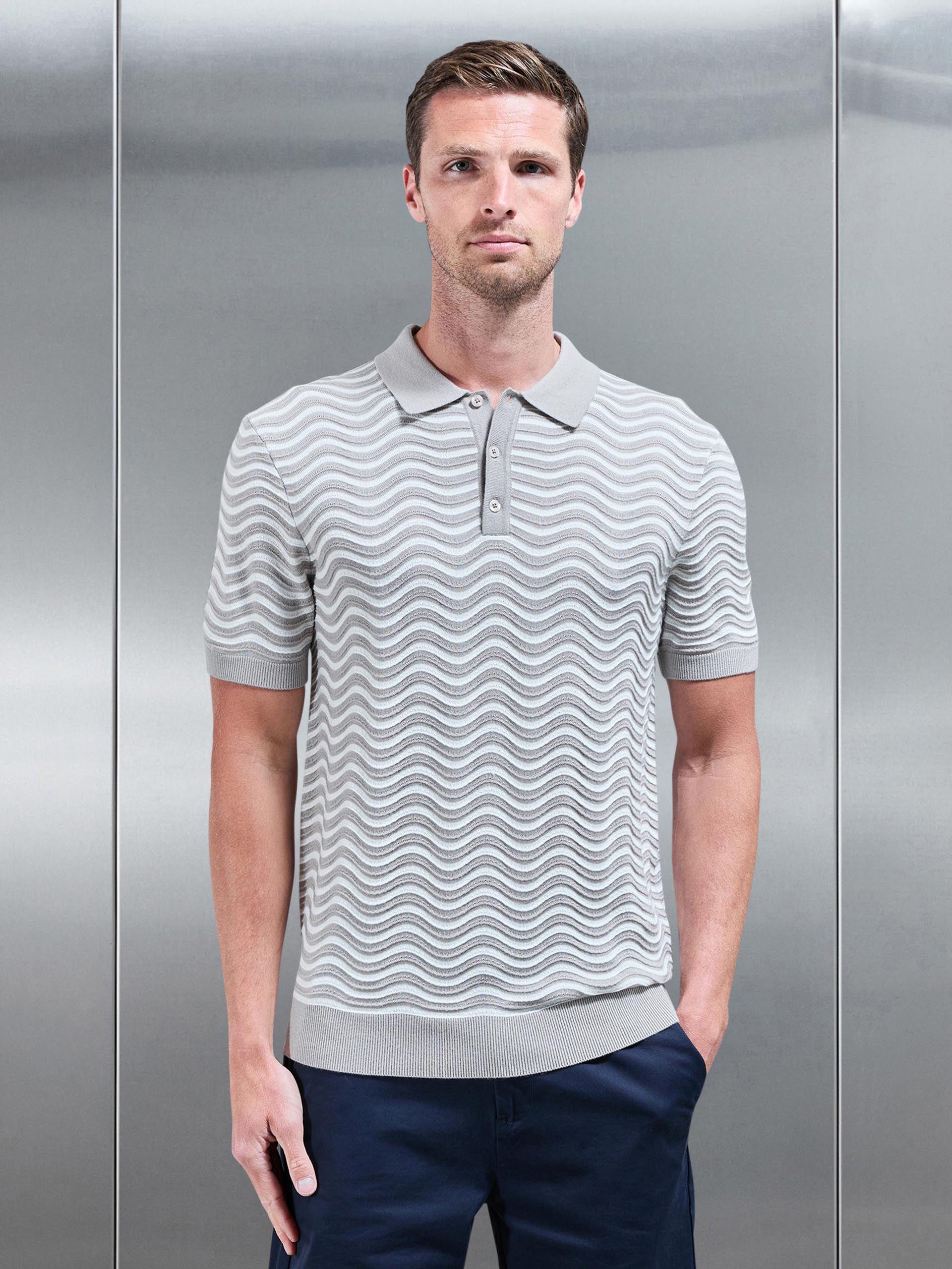 Mens Wave Knitted Button Polo Shirt in Stone White