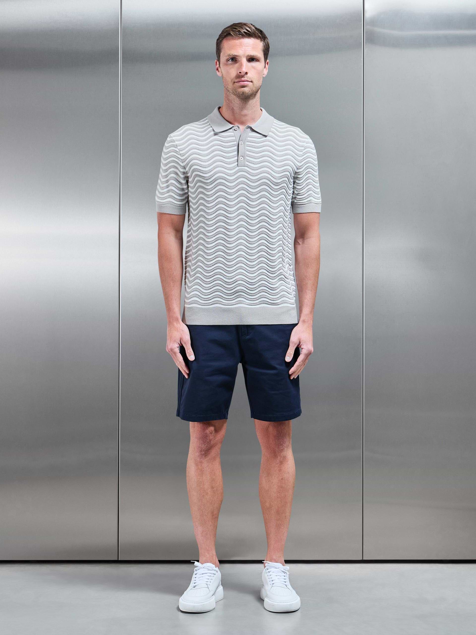Mens Wave Knitted Button Polo Shirt in Stone White