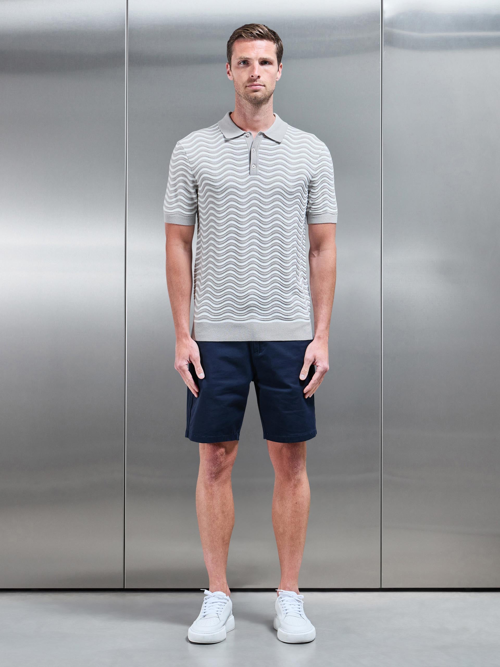 Mens Wave Knitted Button Polo Shirt in Stone White