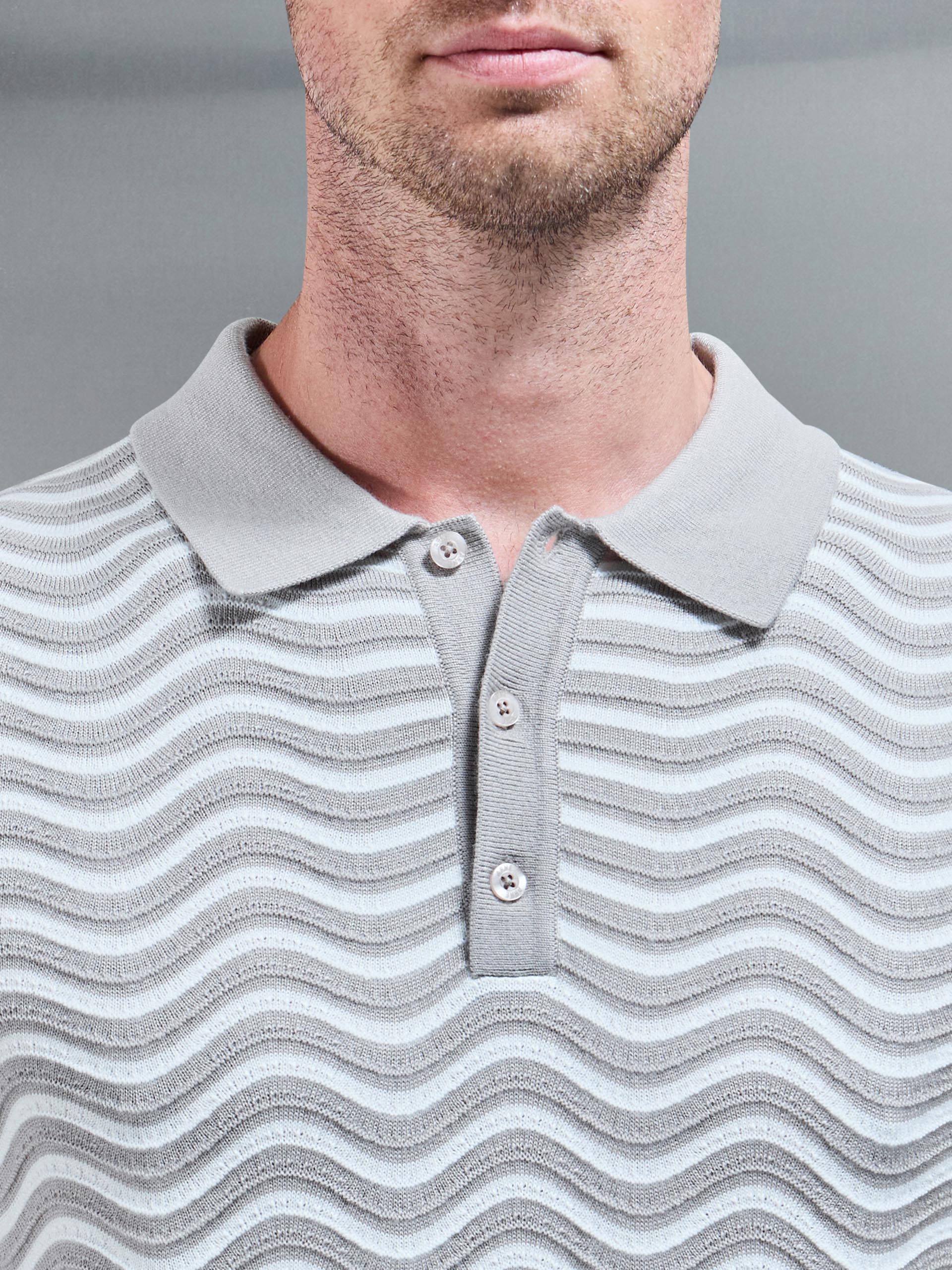 Mens Wave Knitted Button Polo Shirt in Stone White