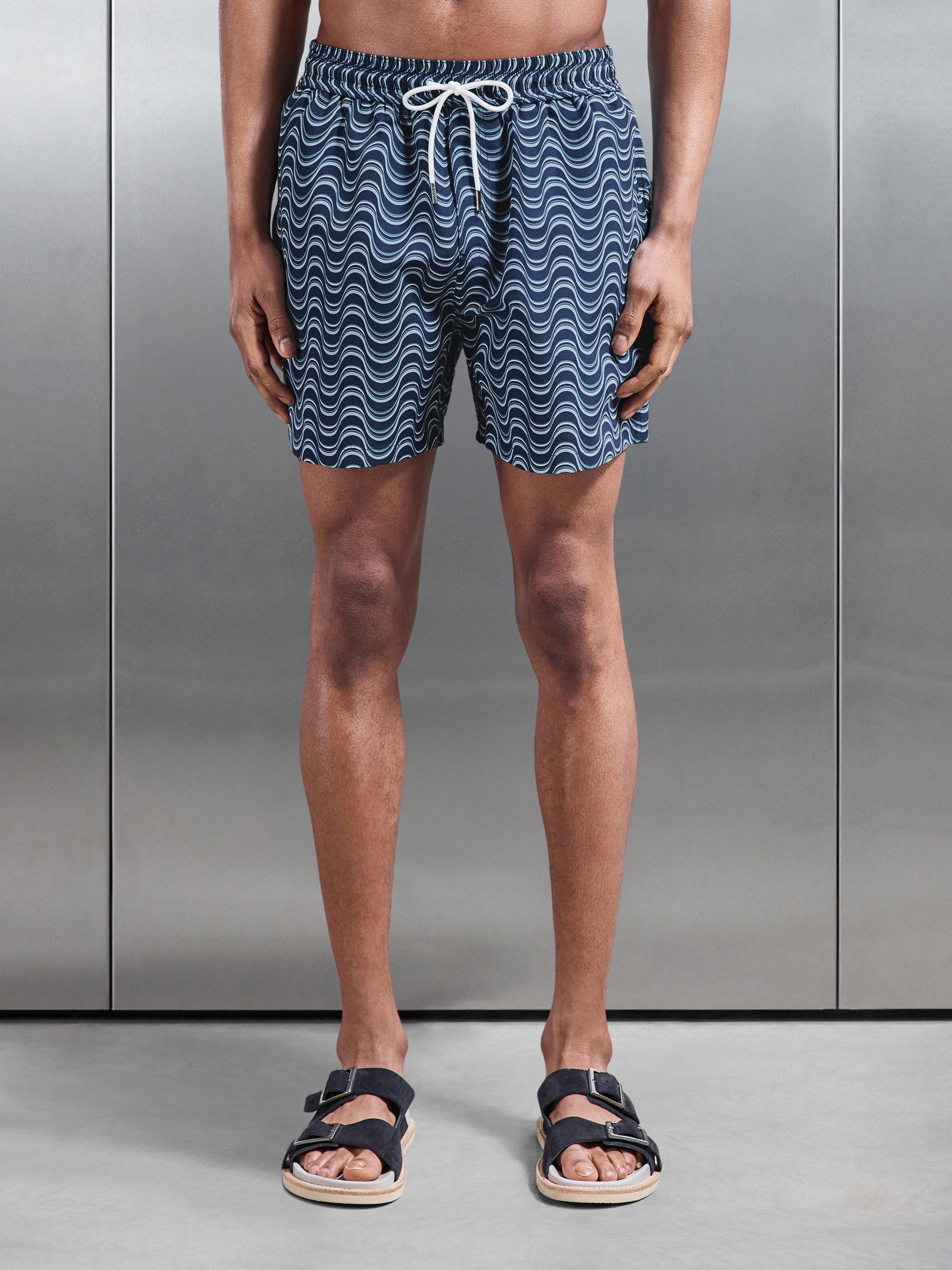 Mens Wave Printed Drawstring Swim Short in Navy
