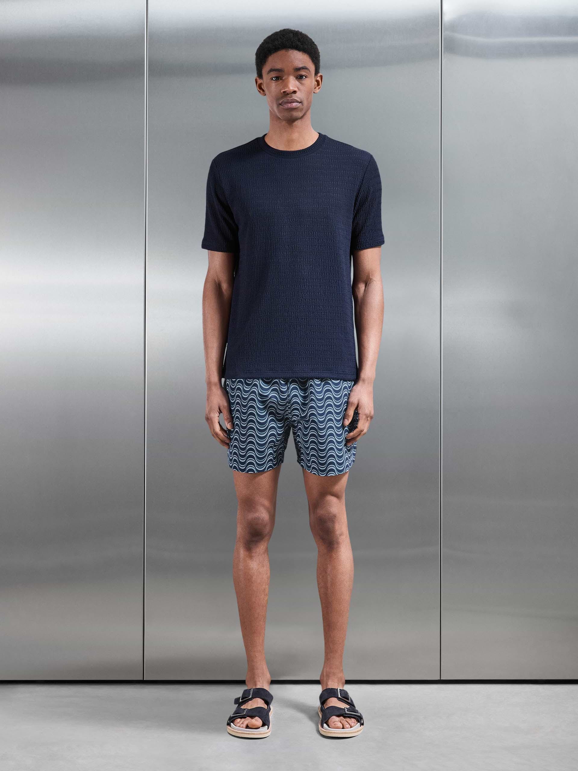Mens Wave Printed Drawstring Swim Short in Navy