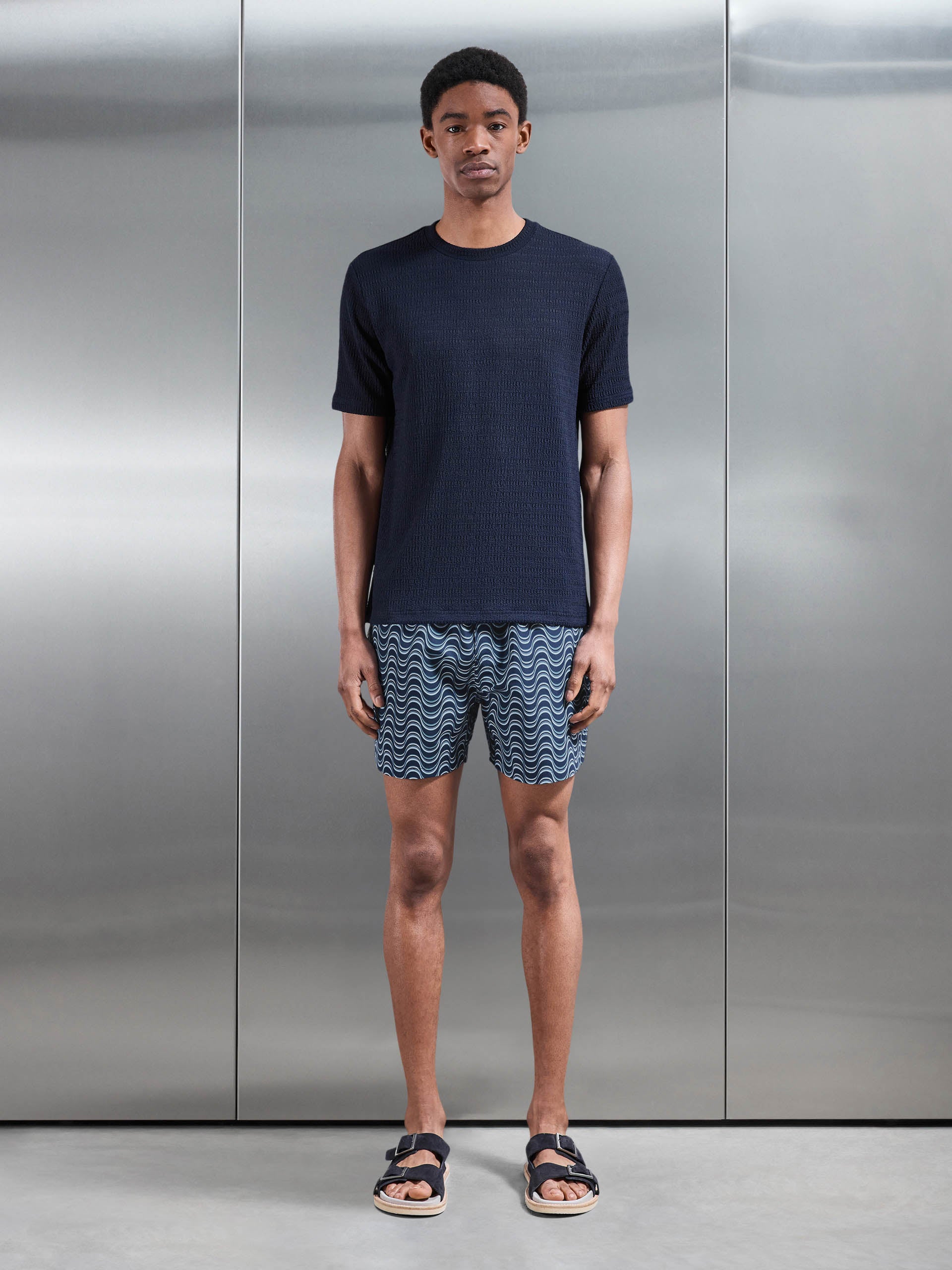 Mens Wave Printed Drawstring Swim Short in Navy