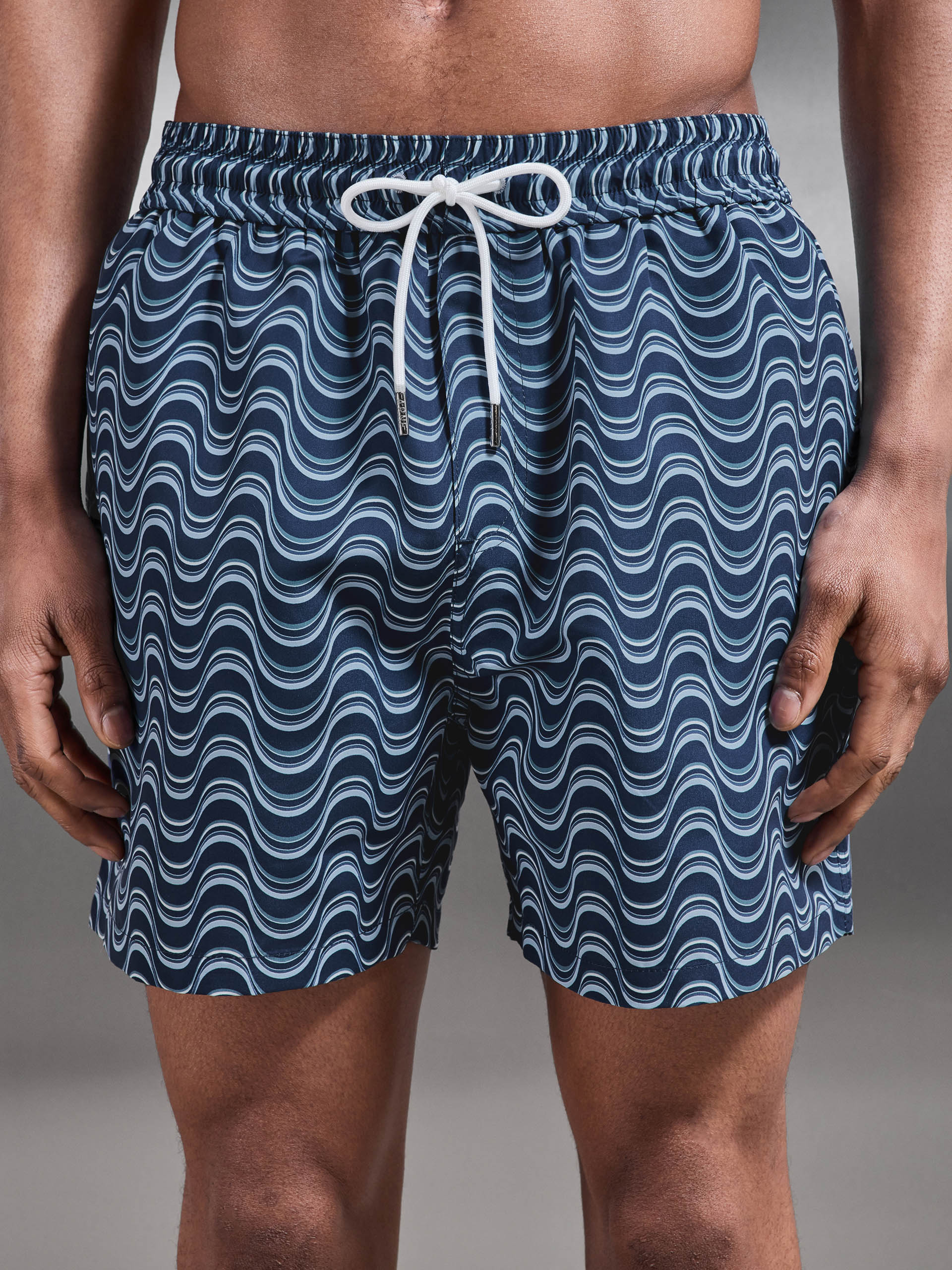 Mens Wave Printed Drawstring Swim Short in Navy