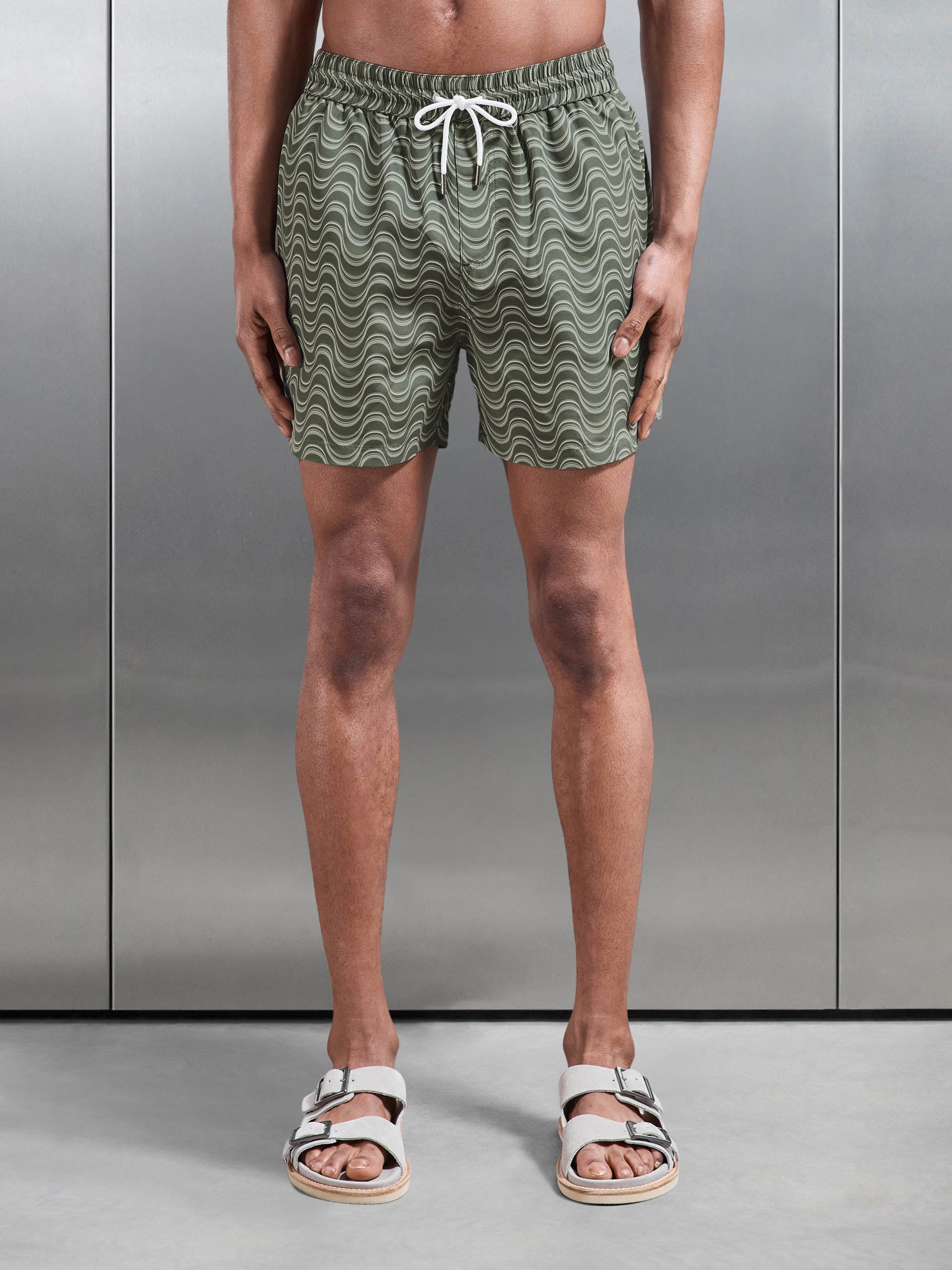 Mens Wave Printed Drawstring Swim Short in Sage