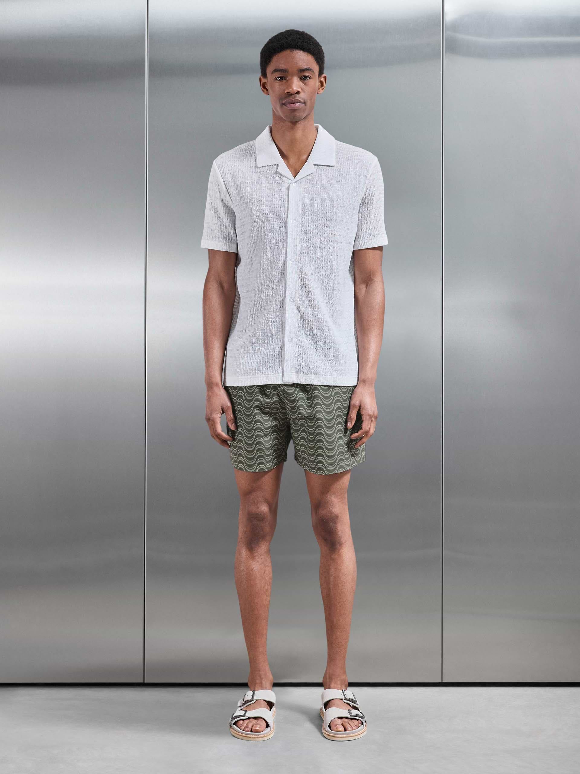 Mens Wave Printed Drawstring Swim Short in Sage