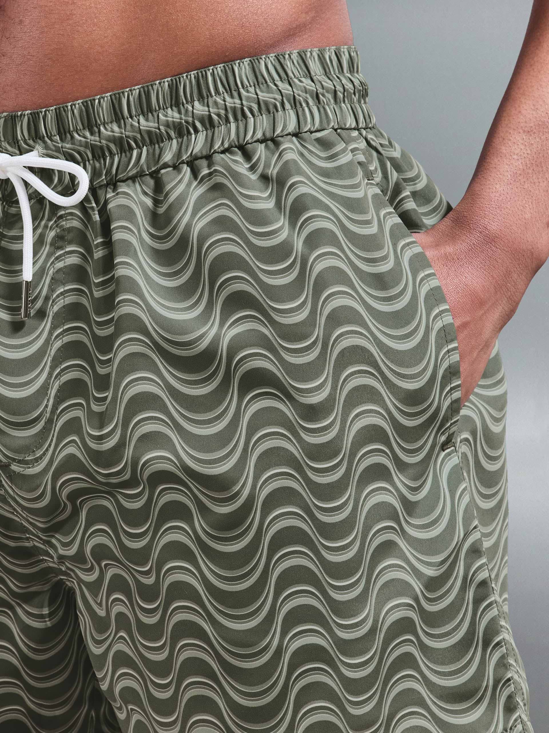Wave Printed Drawstring Swim Short in Sage