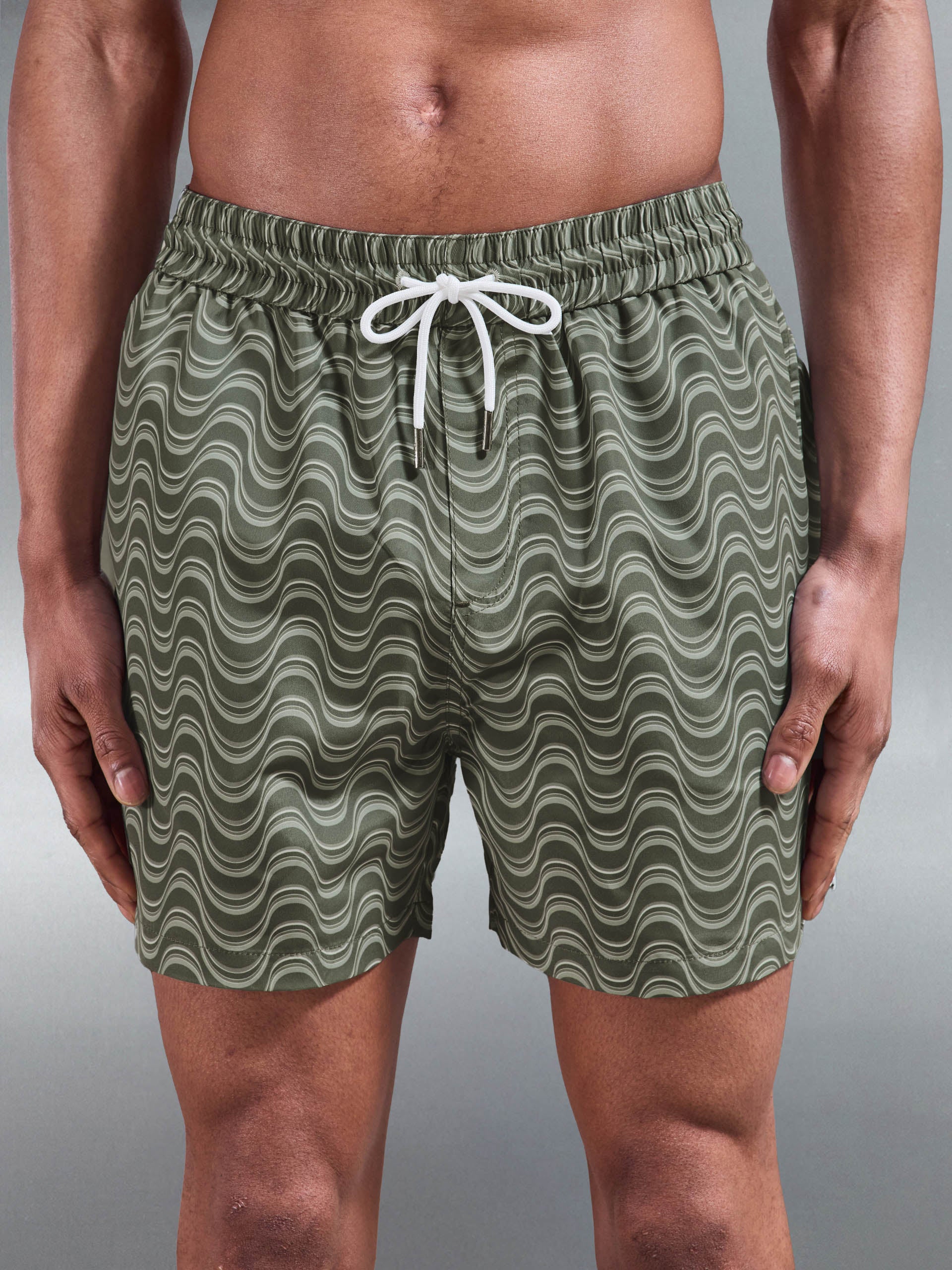 Mens Wave Printed Drawstring Swim Short in Sage