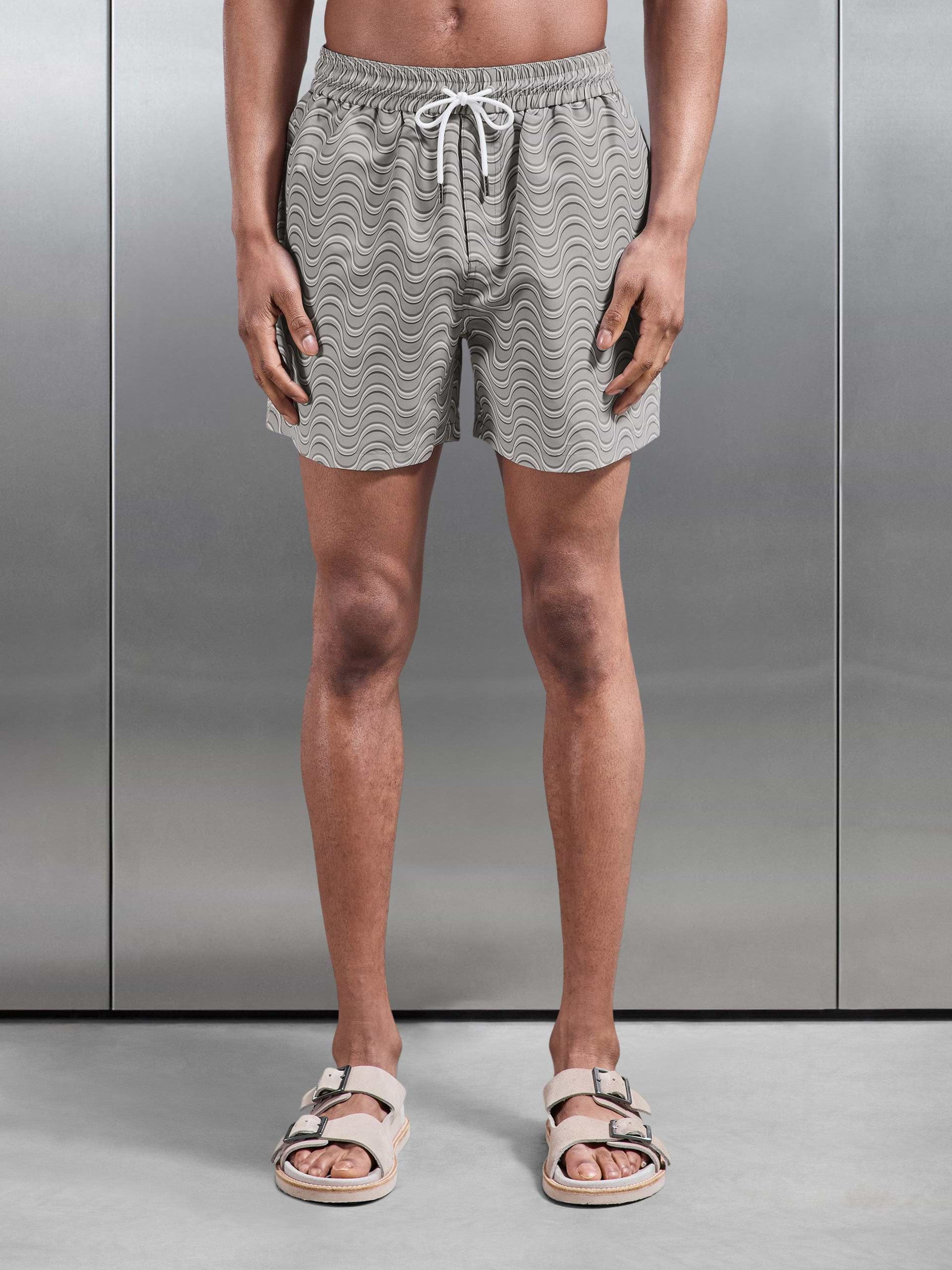 Wave Printed Drawstring Swim Short in Stone
