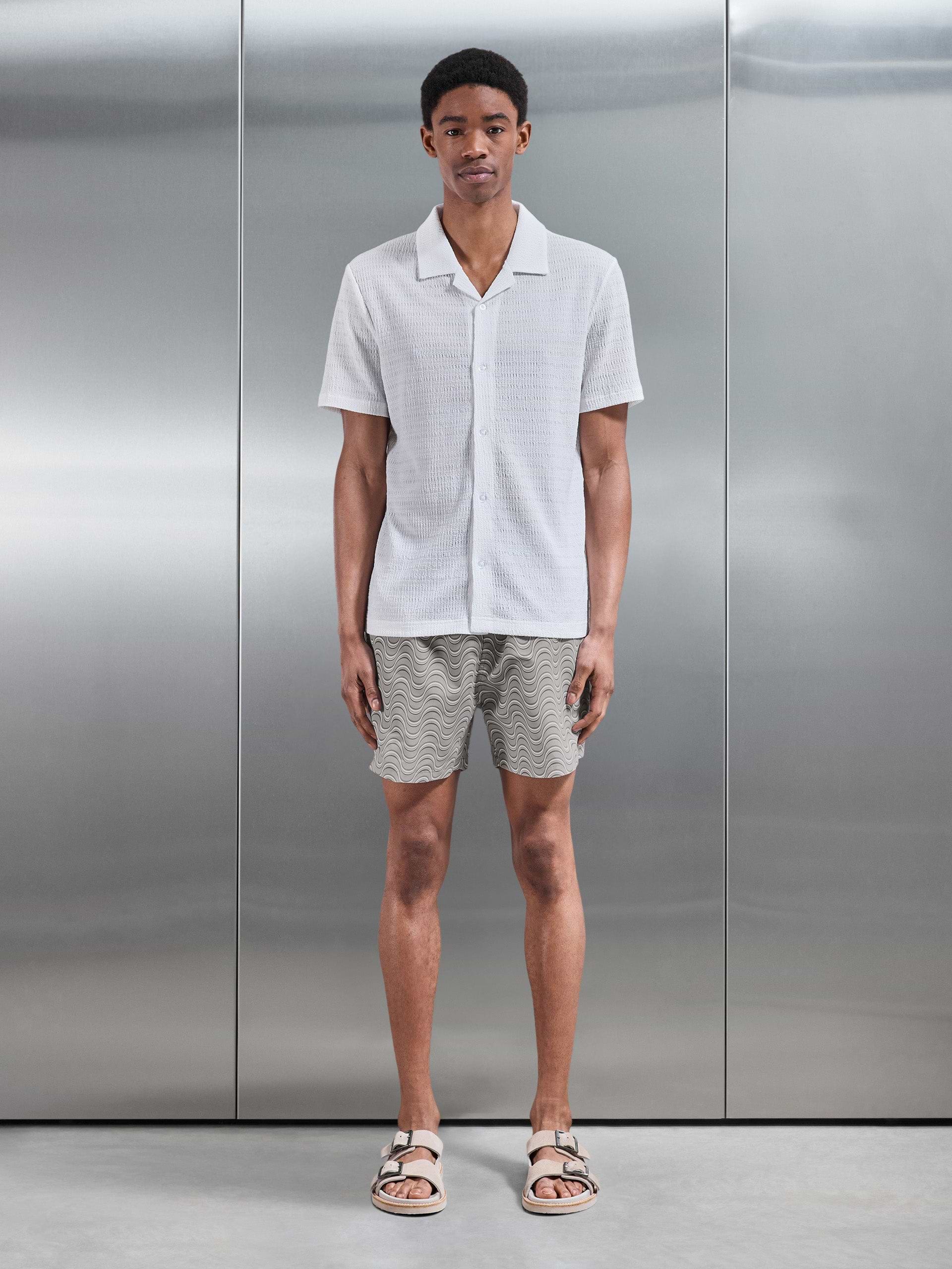 Mens Wave Printed Drawstring Swim Short in Stone