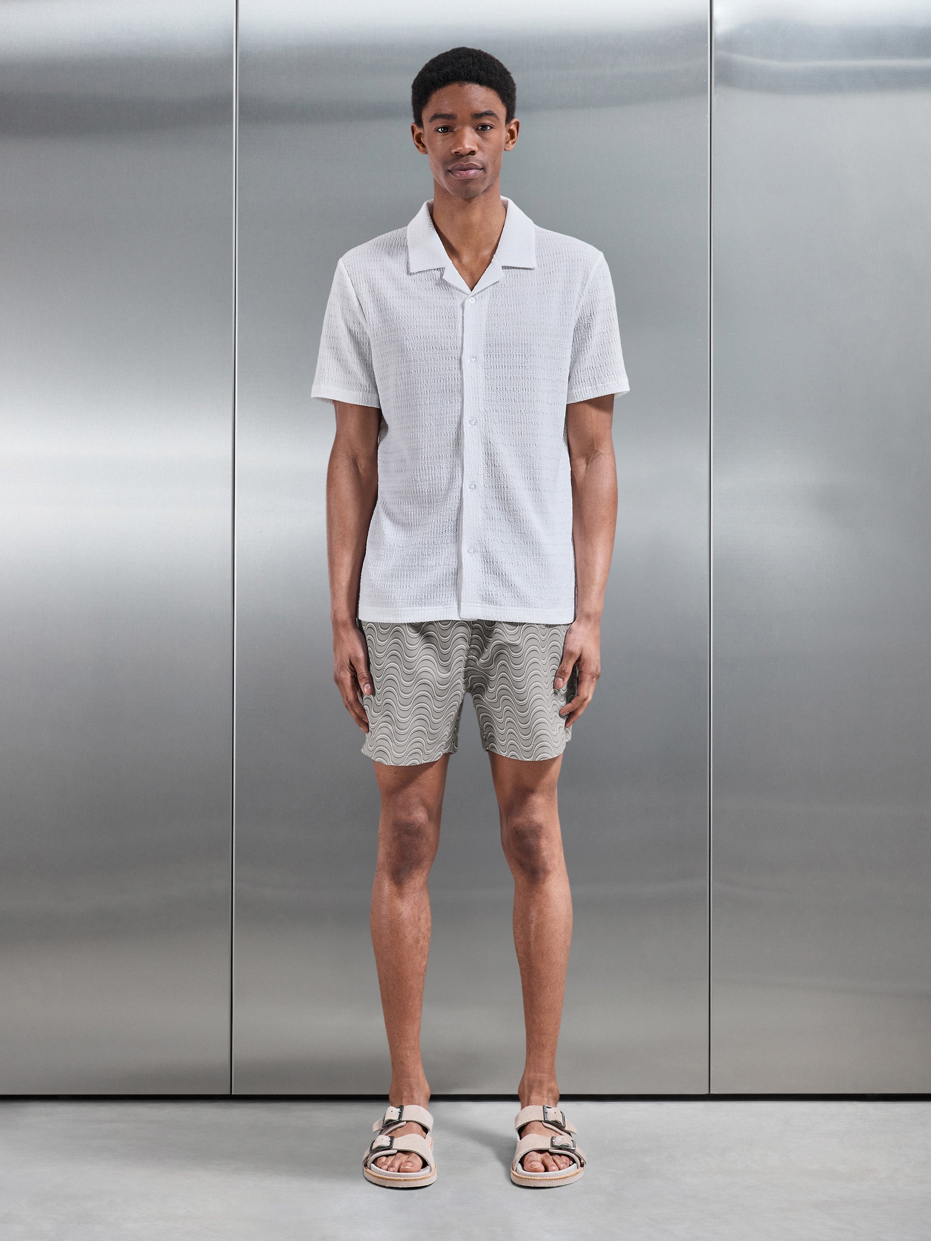 Mens Wave Printed Drawstring Swim Short in Stone