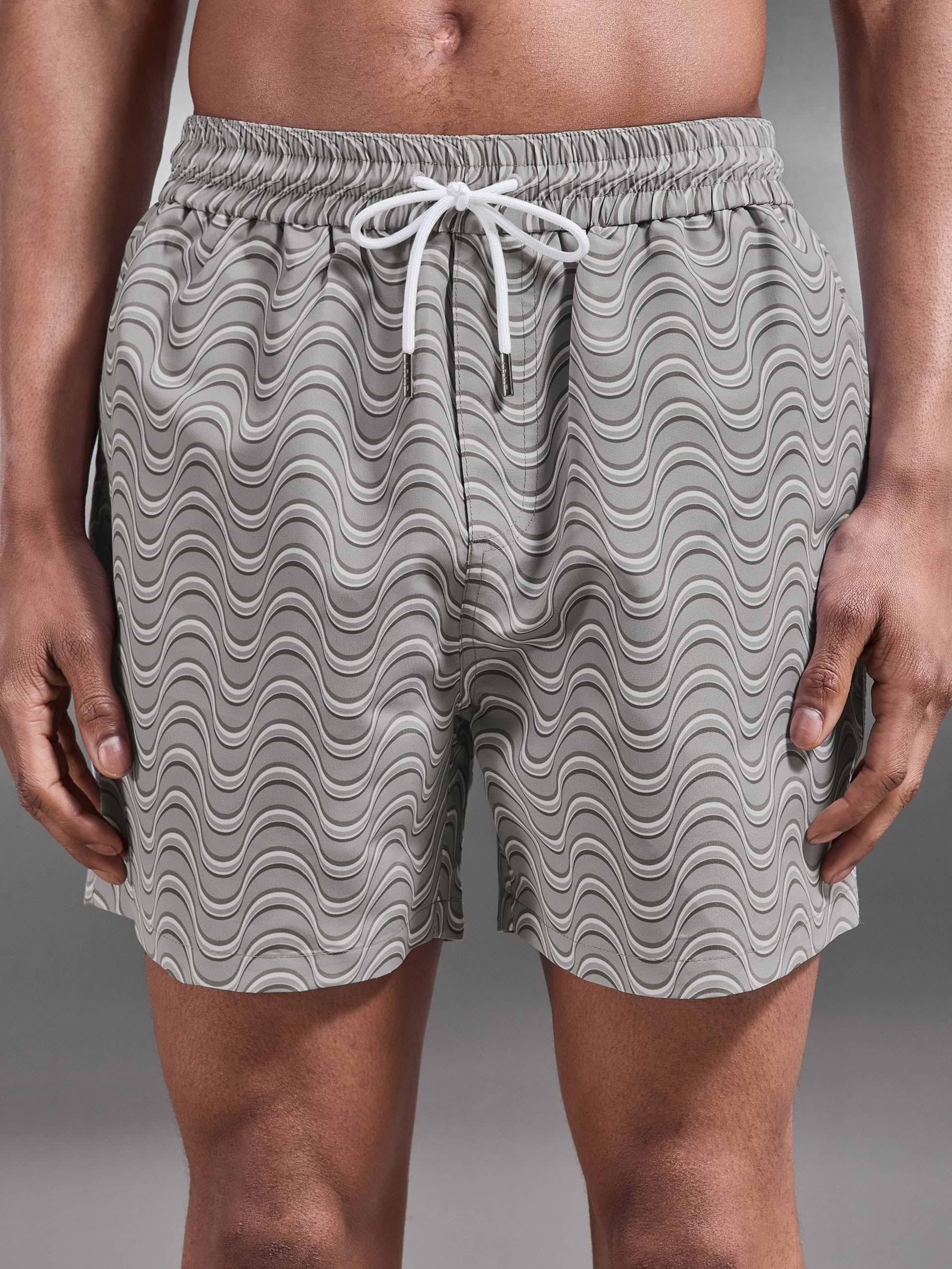 Wave Printed Drawstring Swim Short in Stone