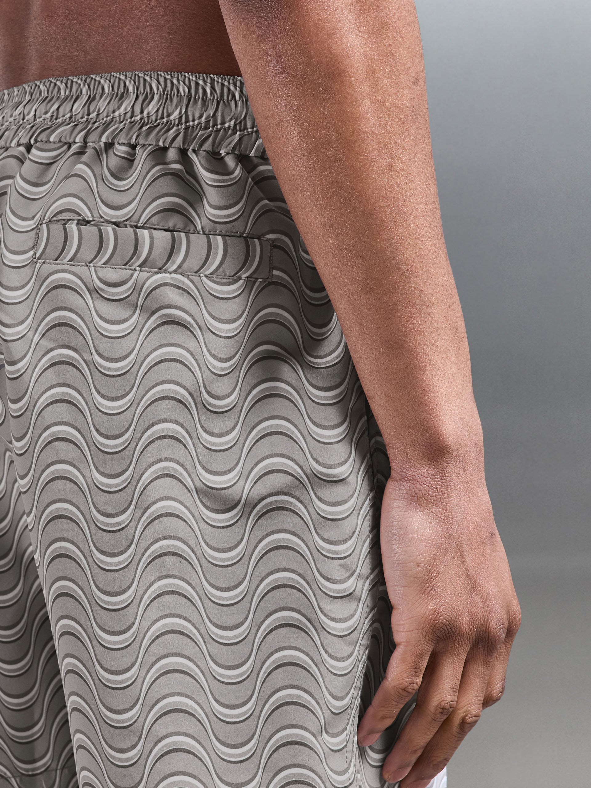 Mens Wave Printed Drawstring Swim Short in Stone