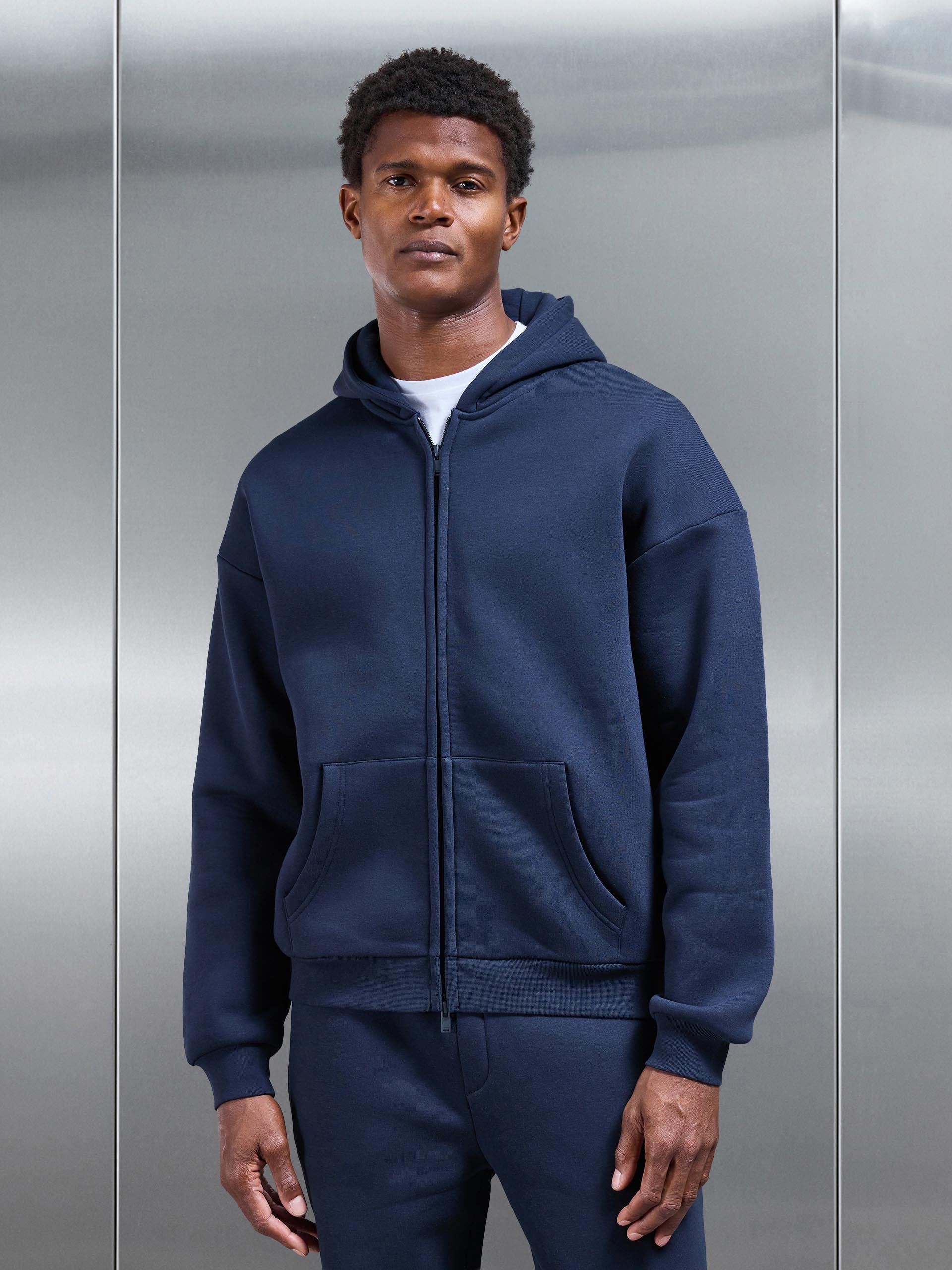 Neoprene Relaxed Fit Zip Through Hoodie in Navy | ARNE UK