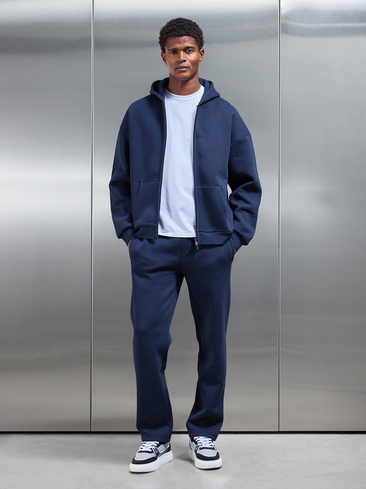 Neoprene Relaxed Fit Zip Through Hoodie in Navy | ARNE UK