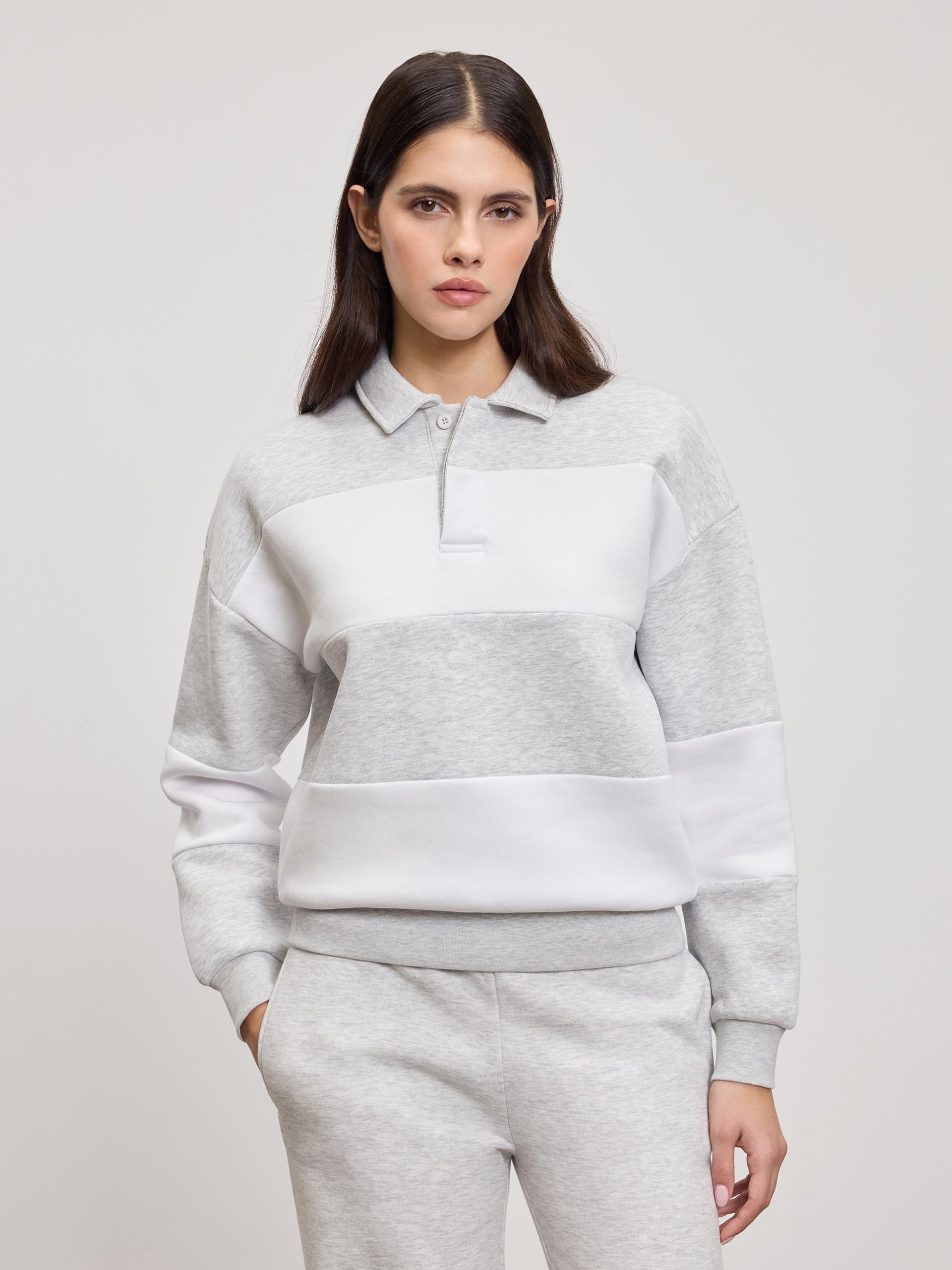 Womens Neoprene Relaxed Rugby Polo Shirt in Marl Grey White