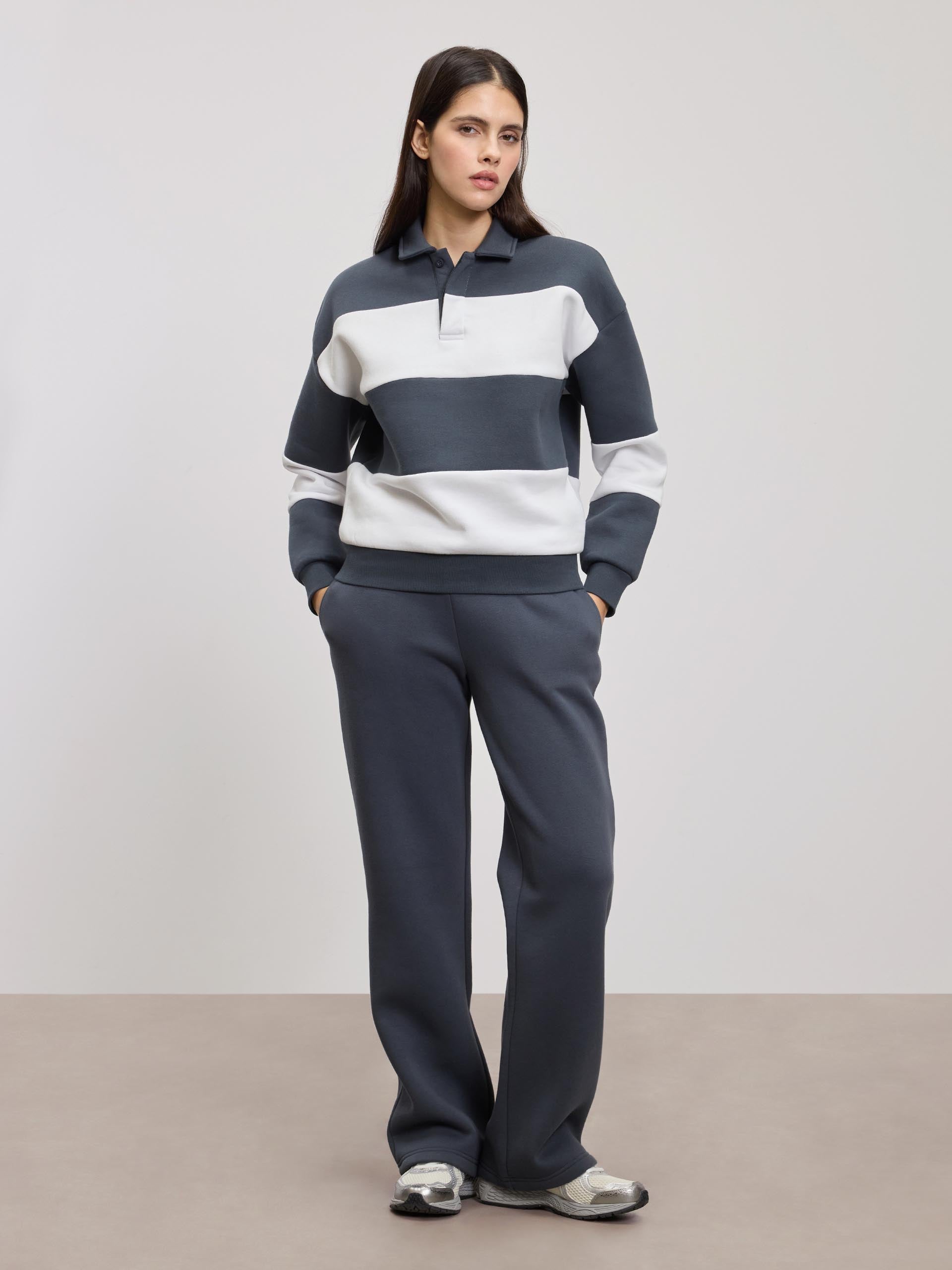 Womens Neoprene Relaxed Rugby Polo Shirt in Slate Blue White