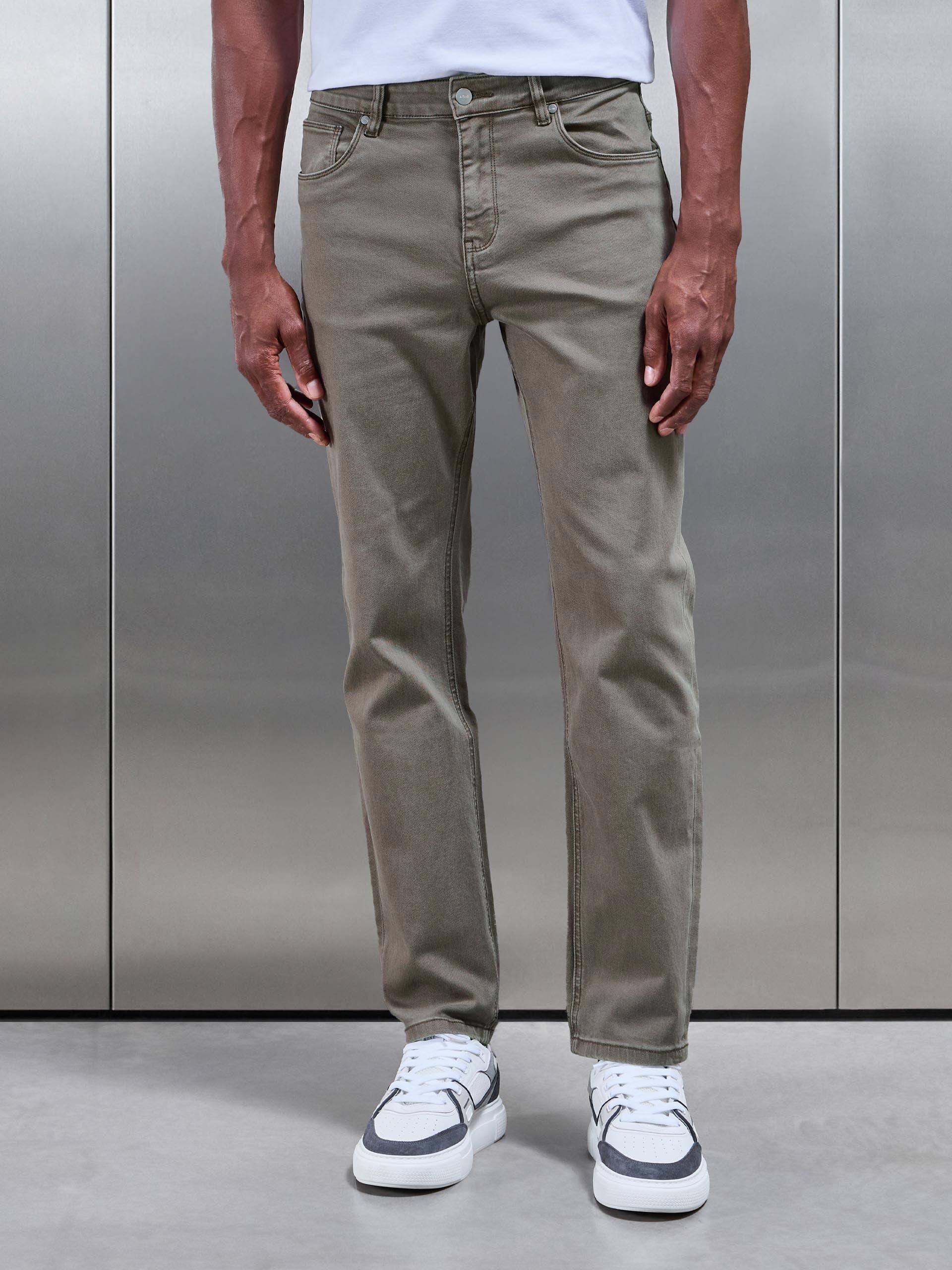 Straight Leg Denim Jeans in Olive