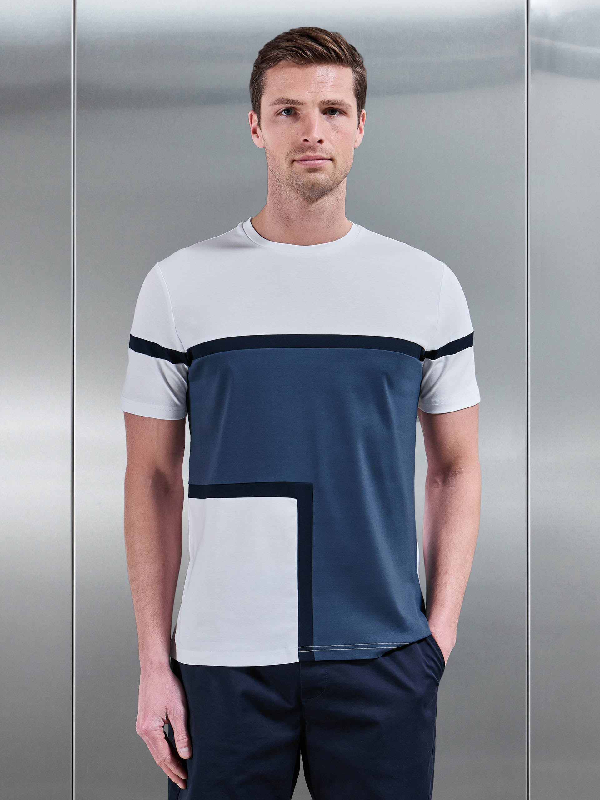 Oden Mercerised Colour Block T-Shirt in Steel Blue