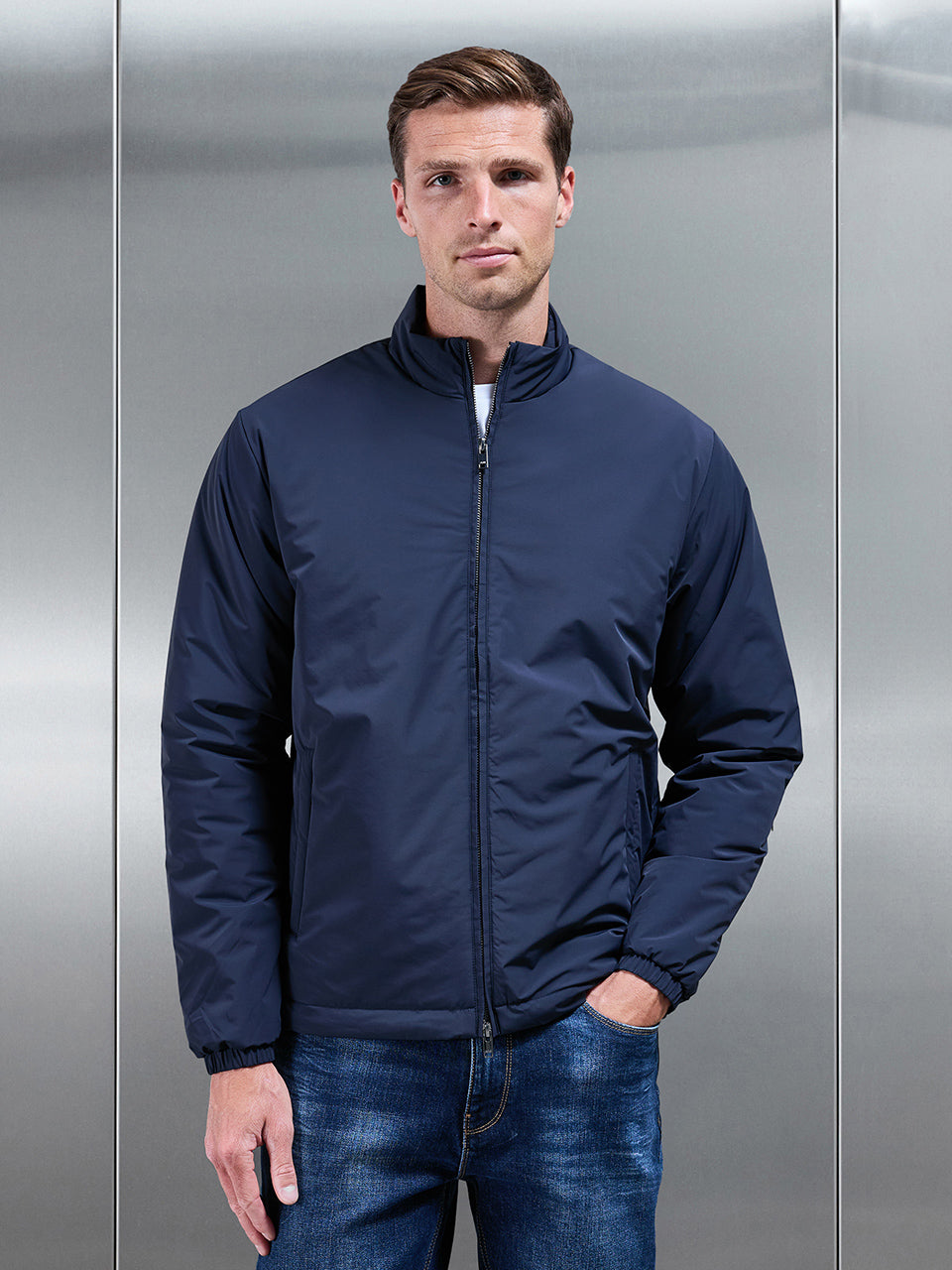 Padded Shell Zip Through Jacket In Navy