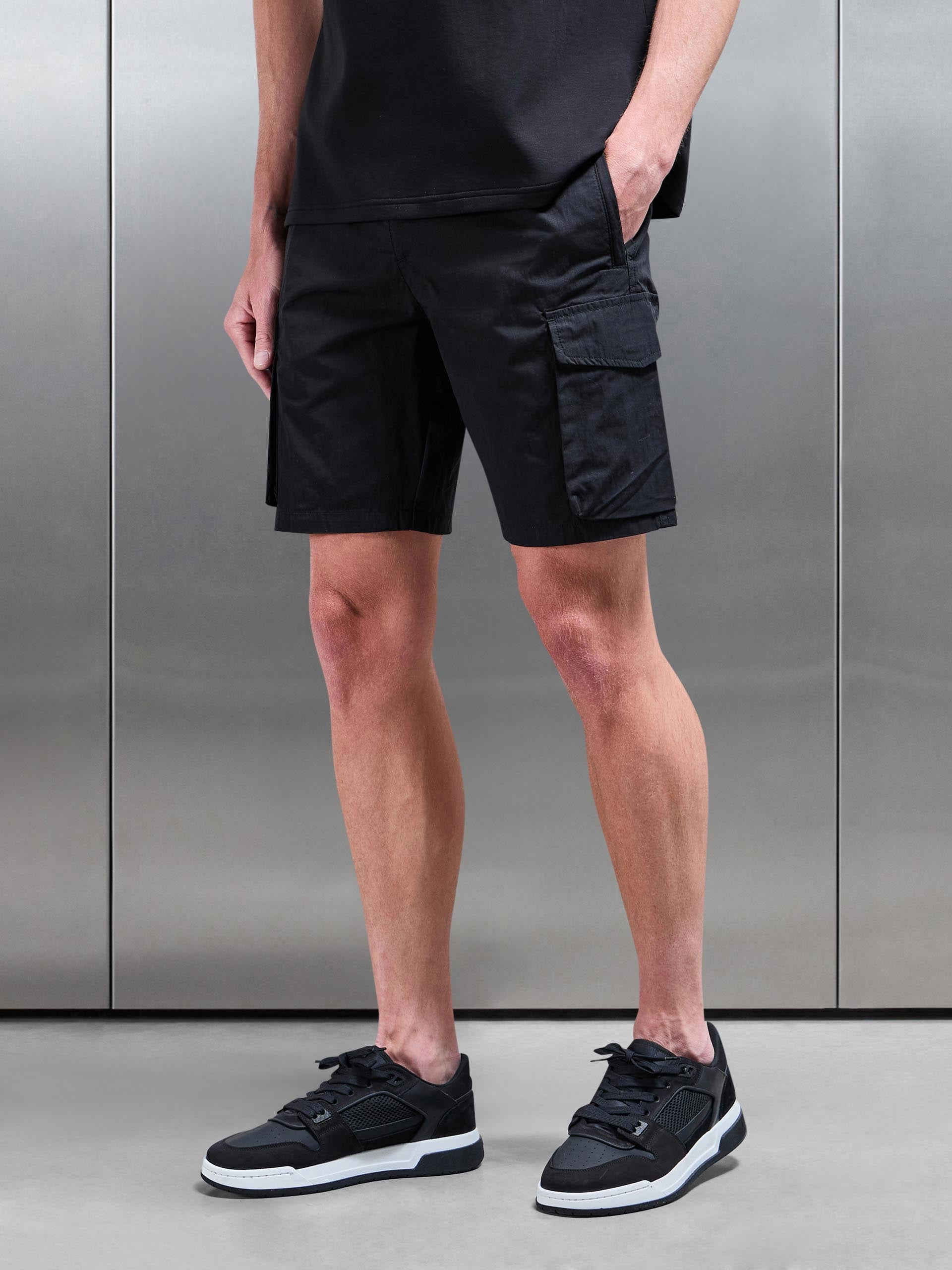 Parachute Nylon Cargo Short in Black