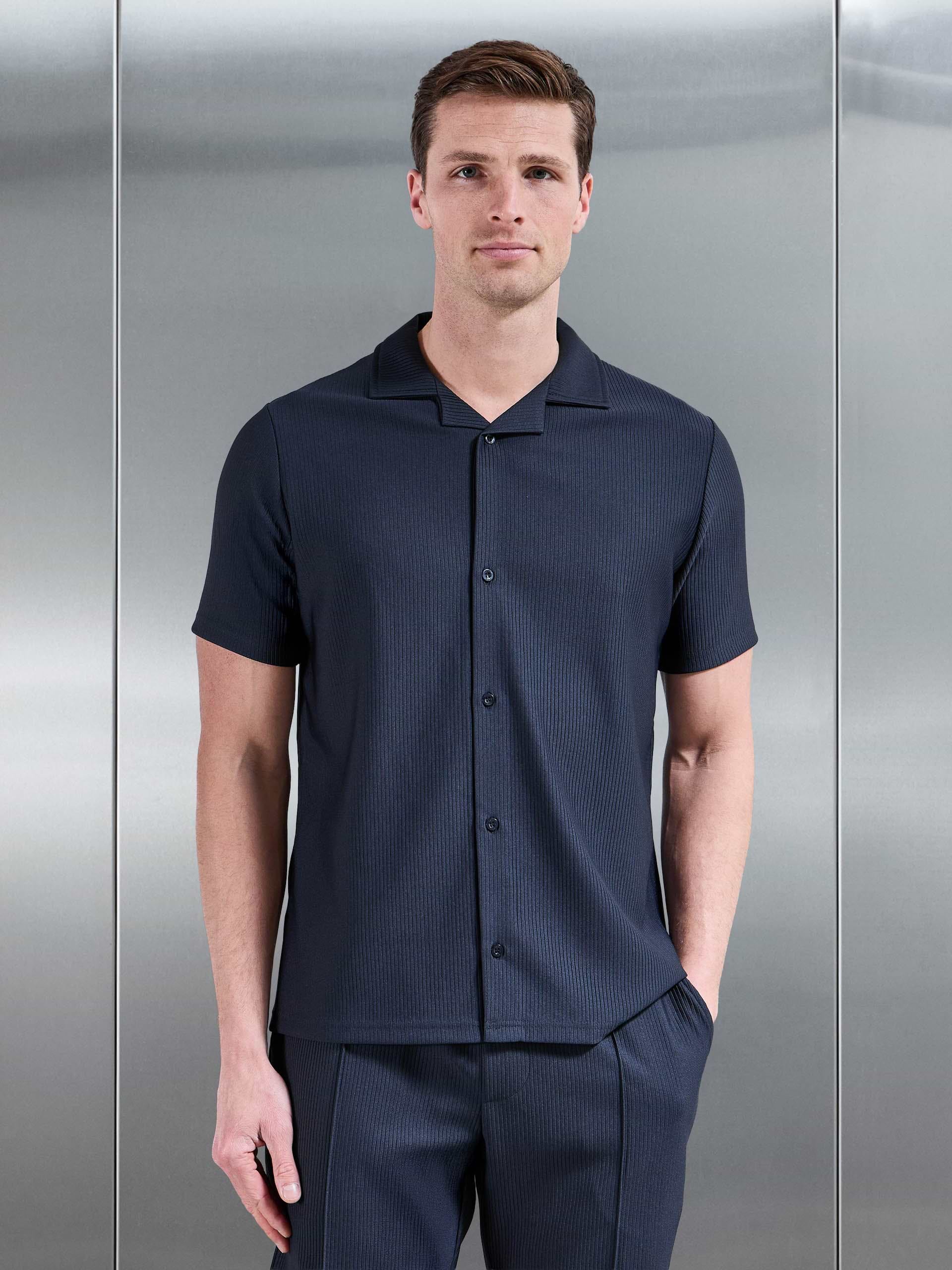 Pleated Revere Collar Shirt in Navy