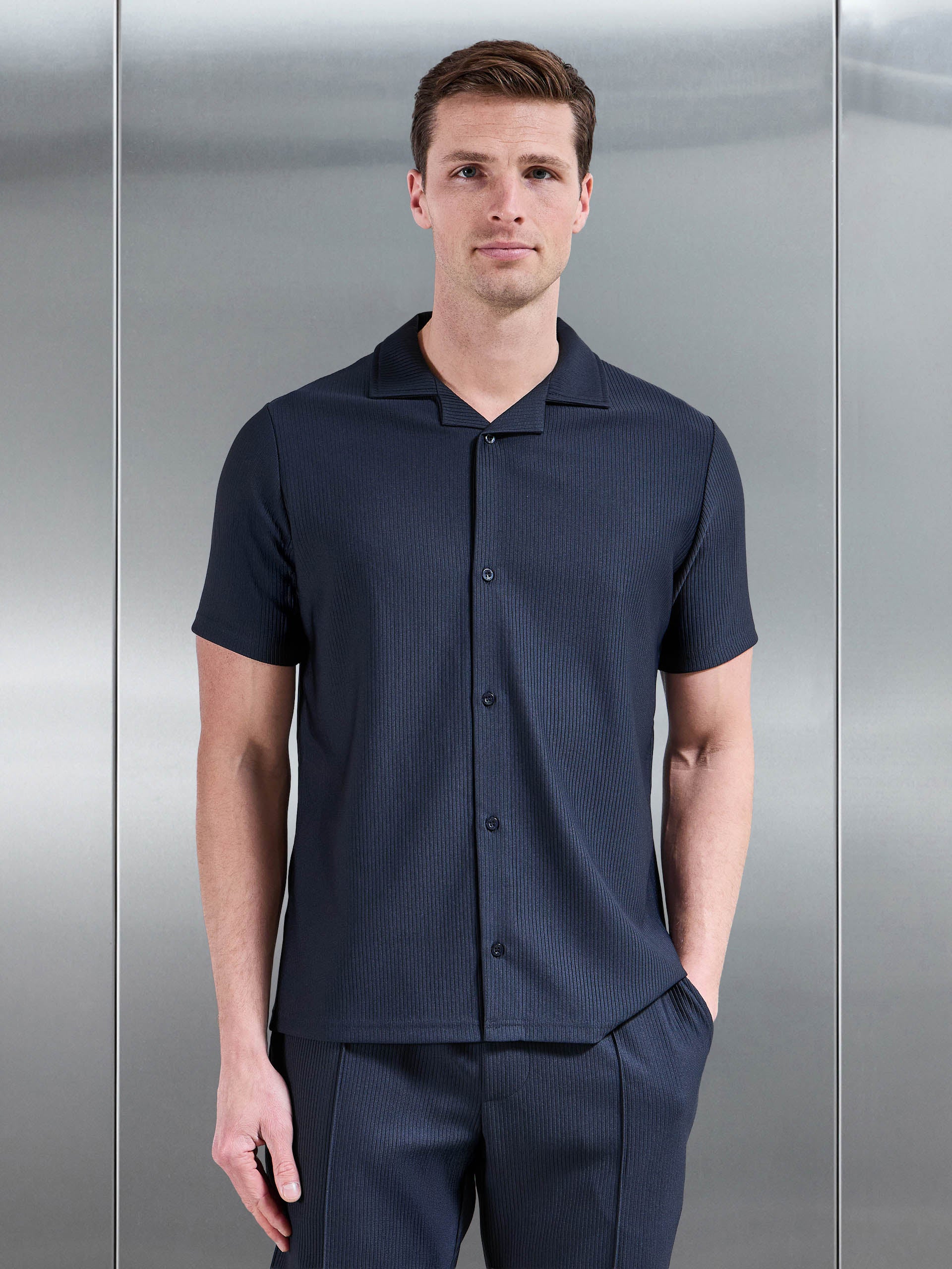 Pleated Revere Collar Shirt in Navy