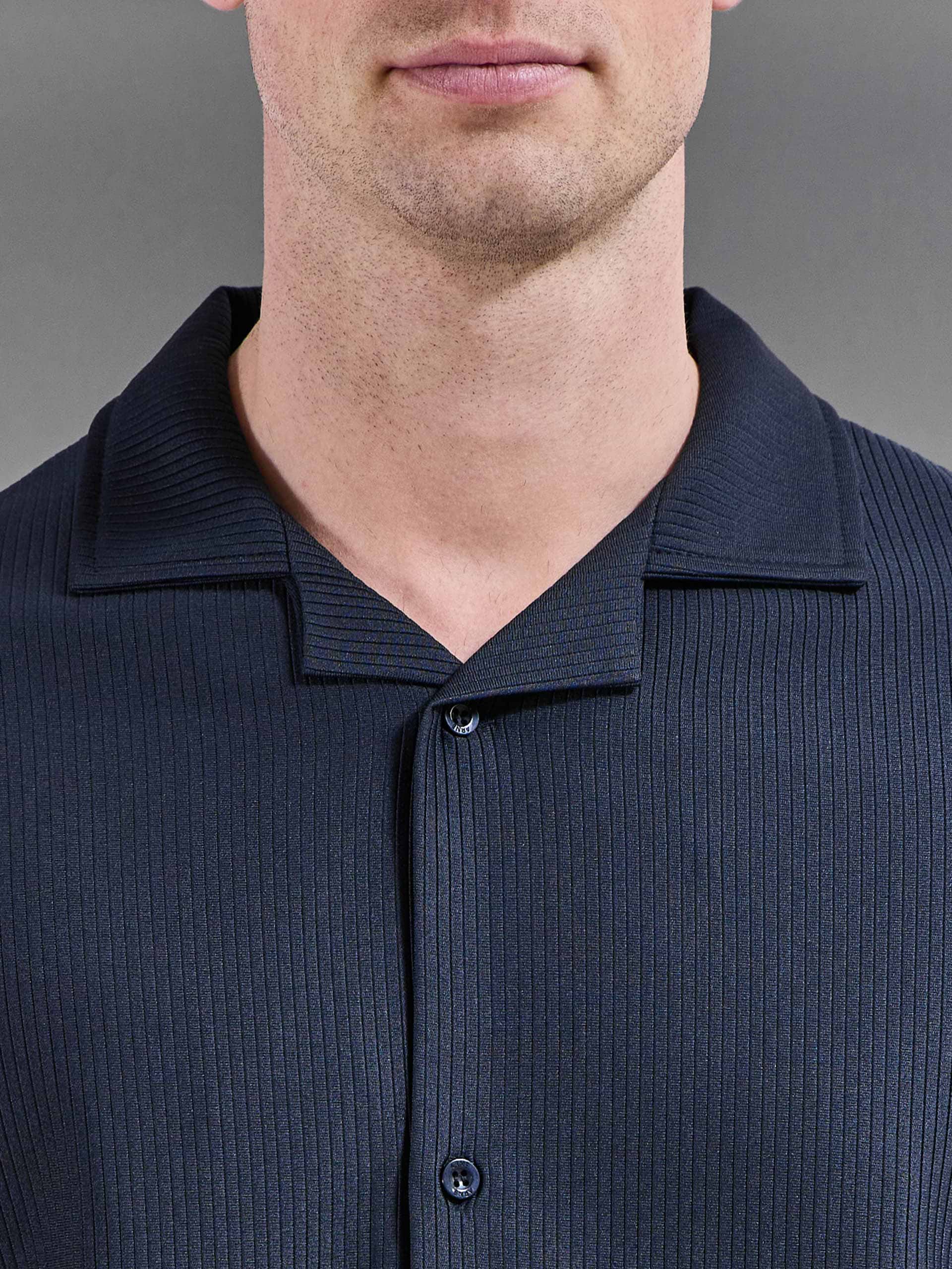 Pleated Revere Collar Shirt in Navy