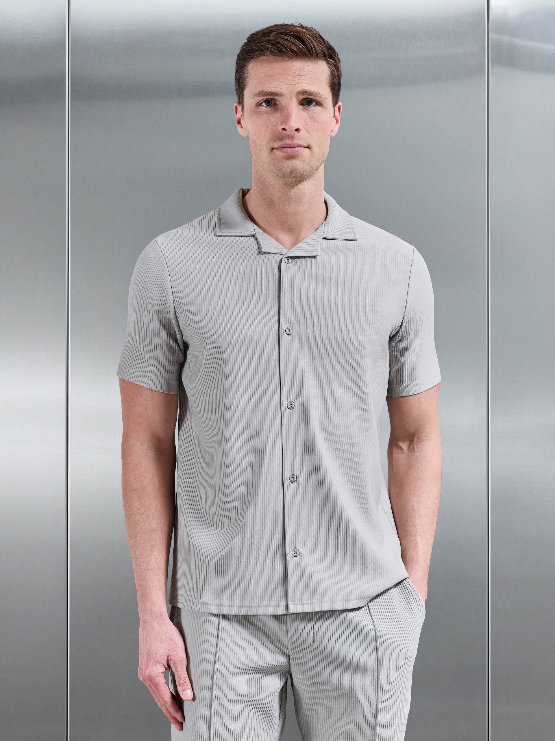 Pleated Revere Collar Shirt in Stone
