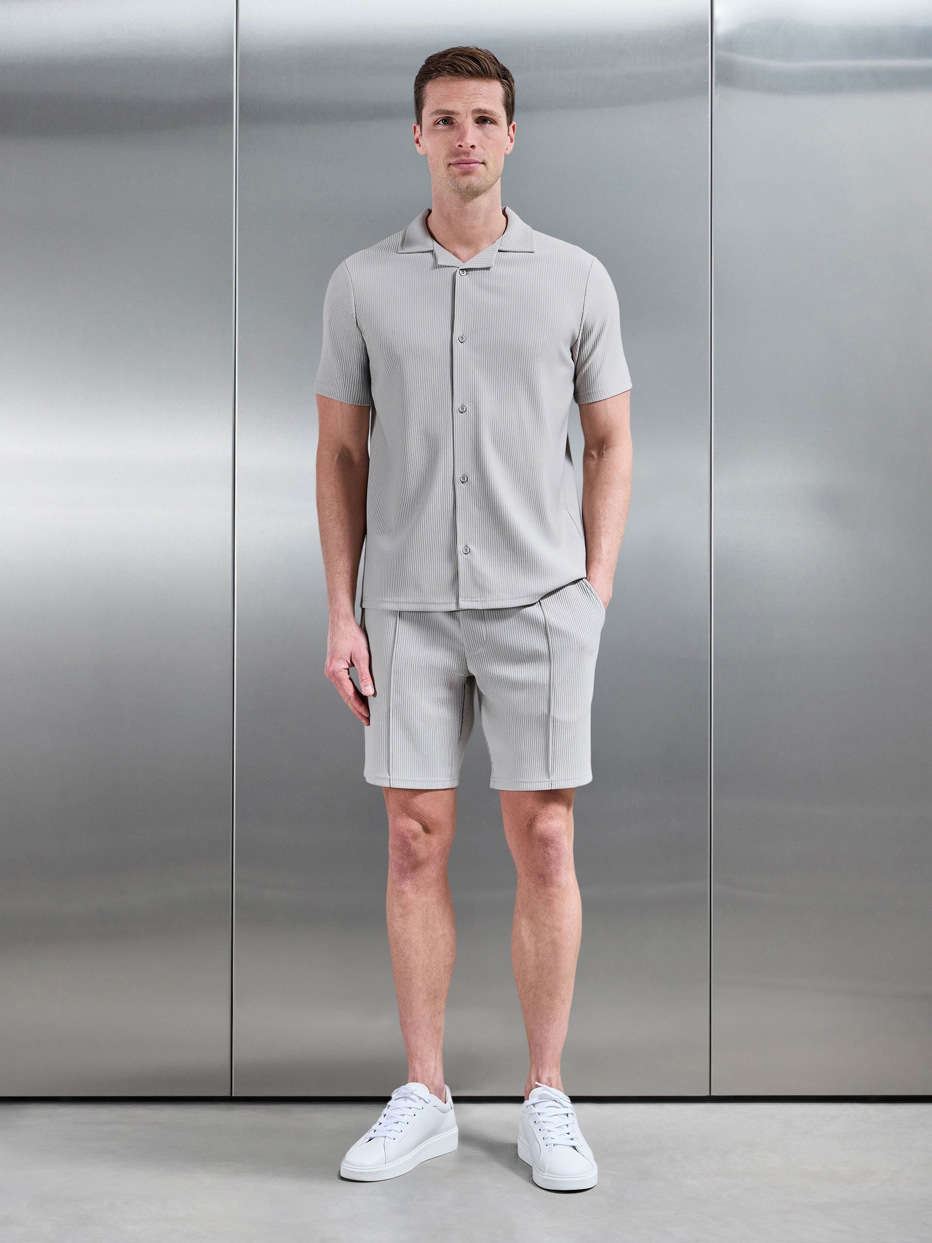 Pleated Revere Collar Shirt in Stone