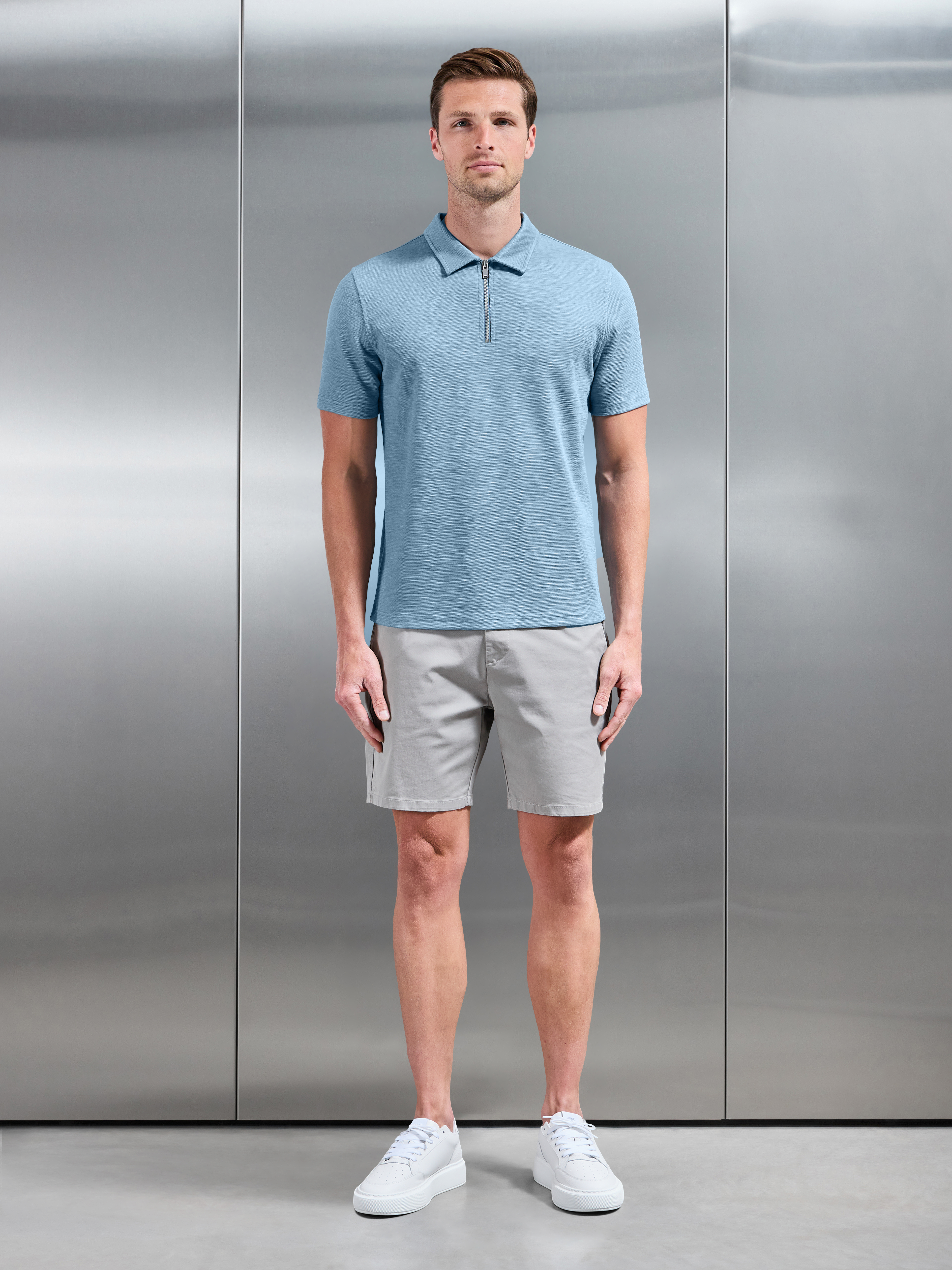 Quinta Textured Zip Polo Shirt in Aqua Blue