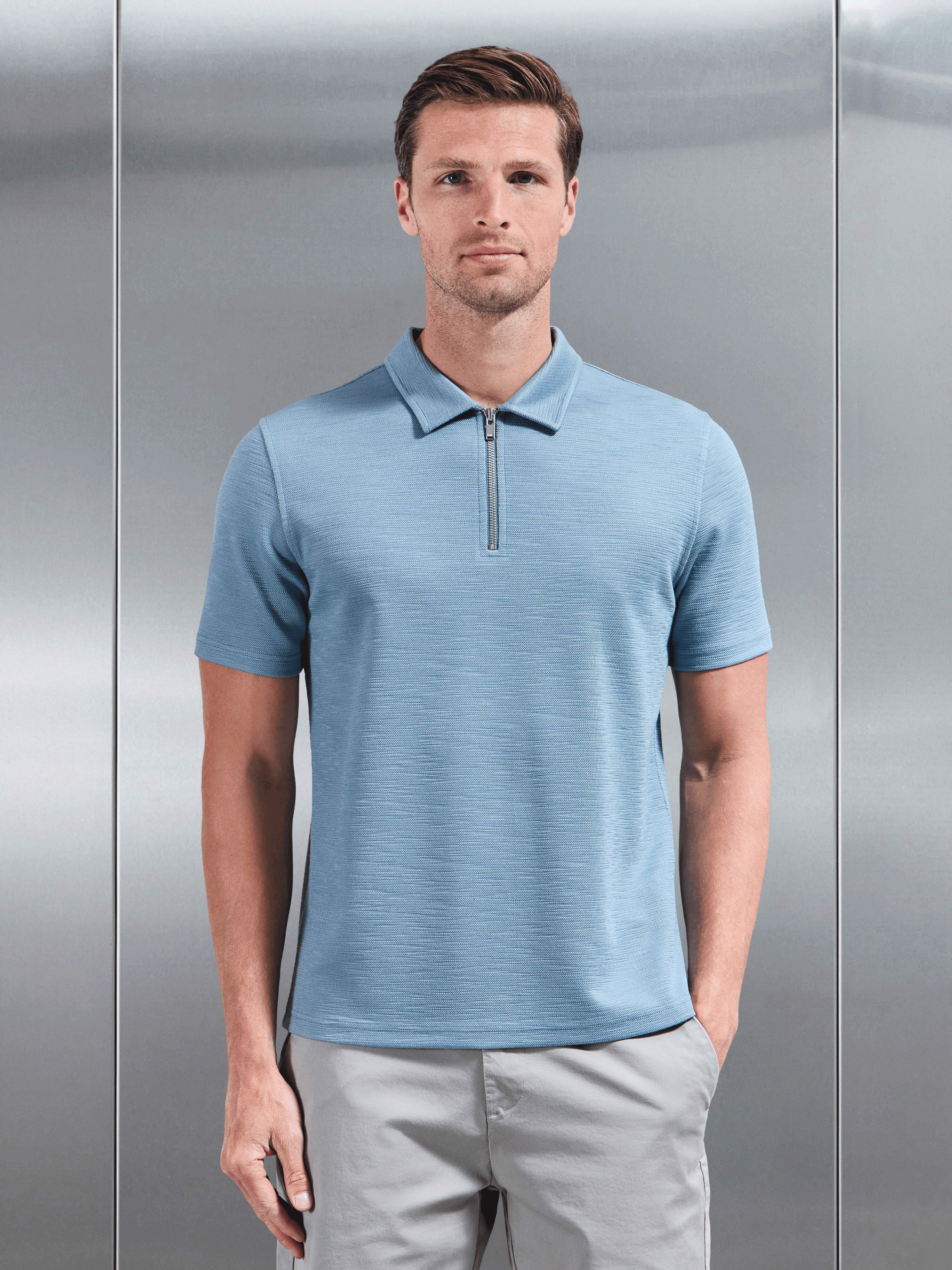 Quinta Textured Zip Polo Shirt in Aqua Blue