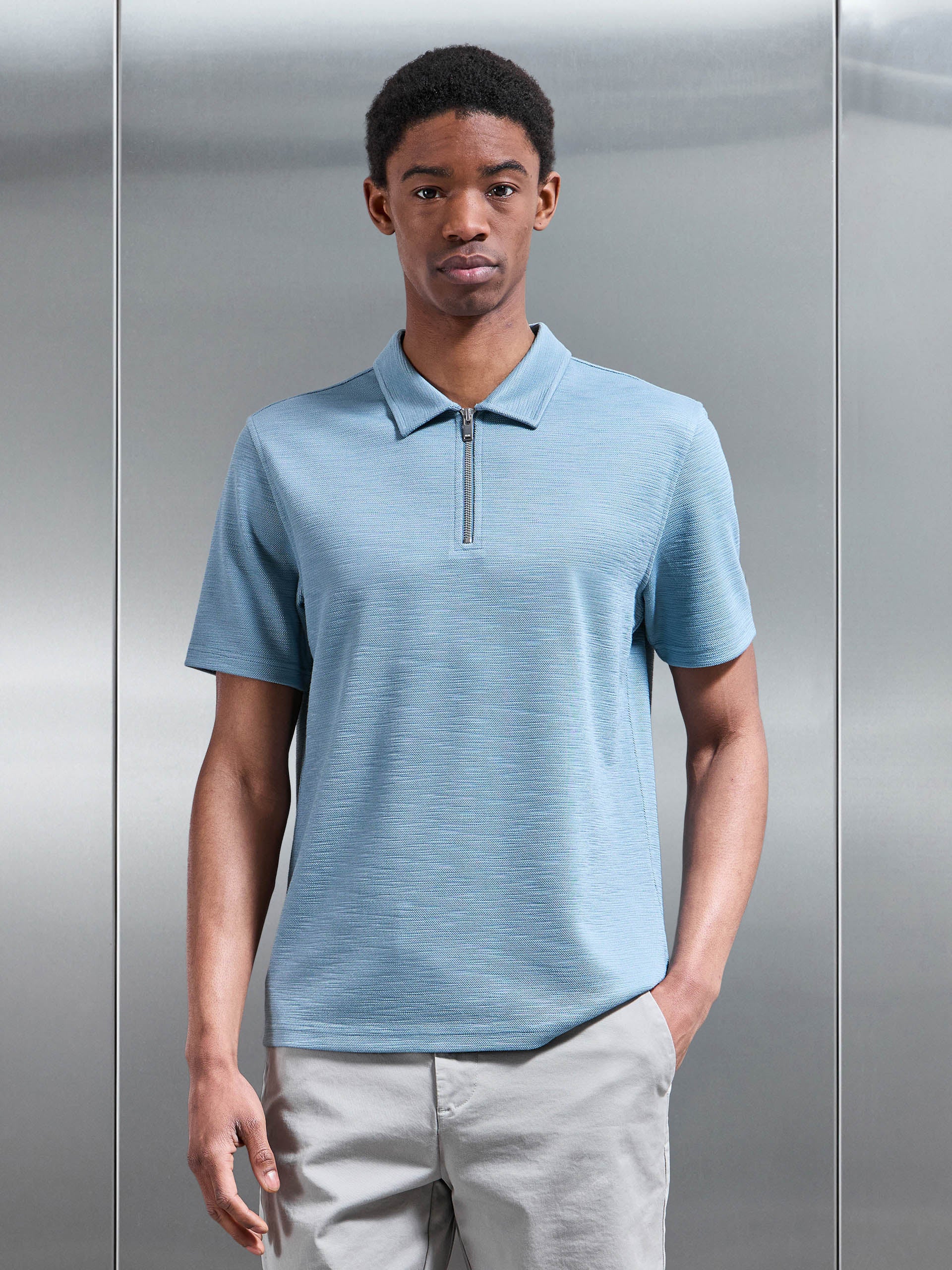 Quinta Textured Zip Polo Shirt in Aqua Blue