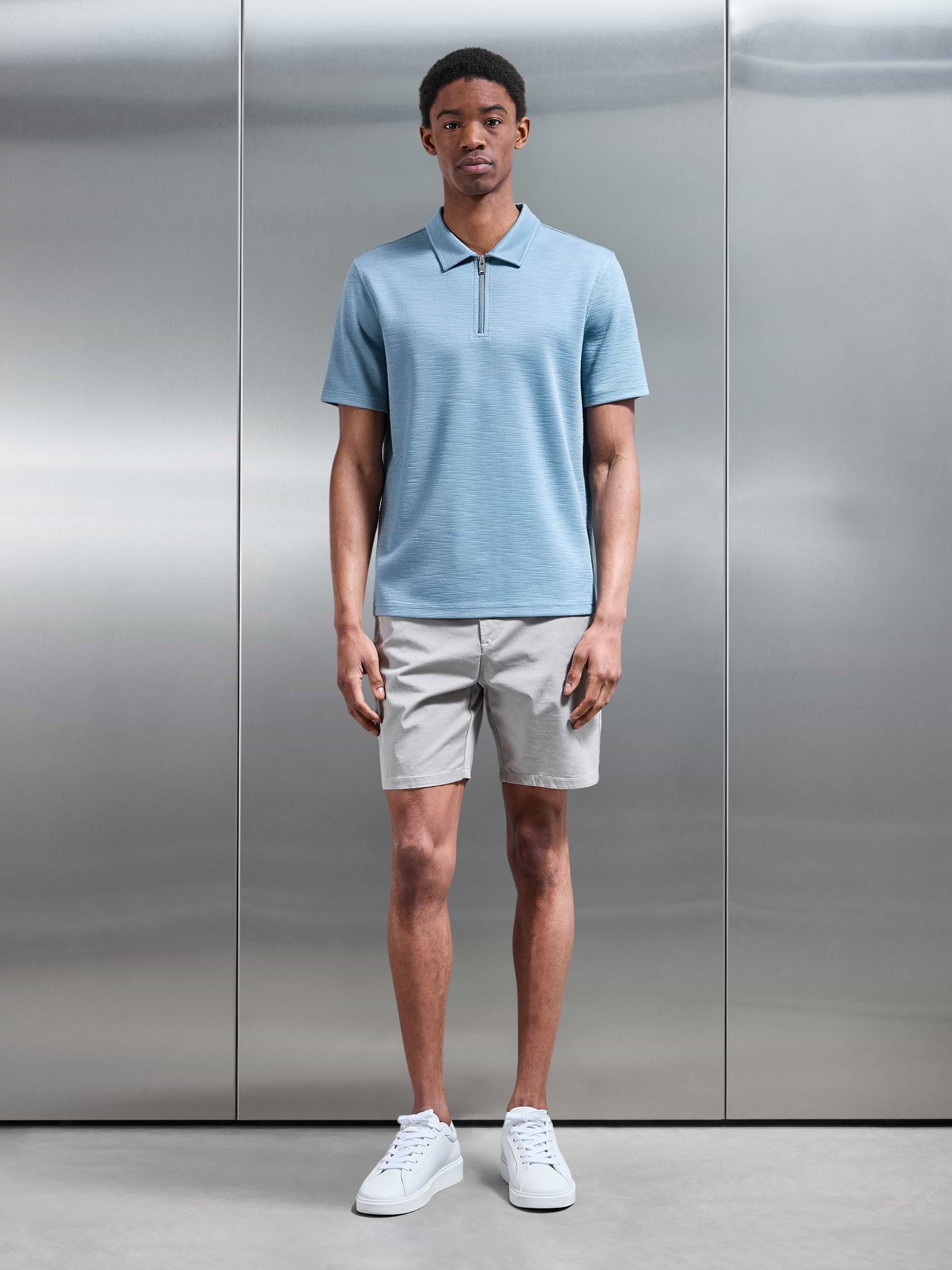 Quinta Textured Zip Polo Shirt in Aqua Blue