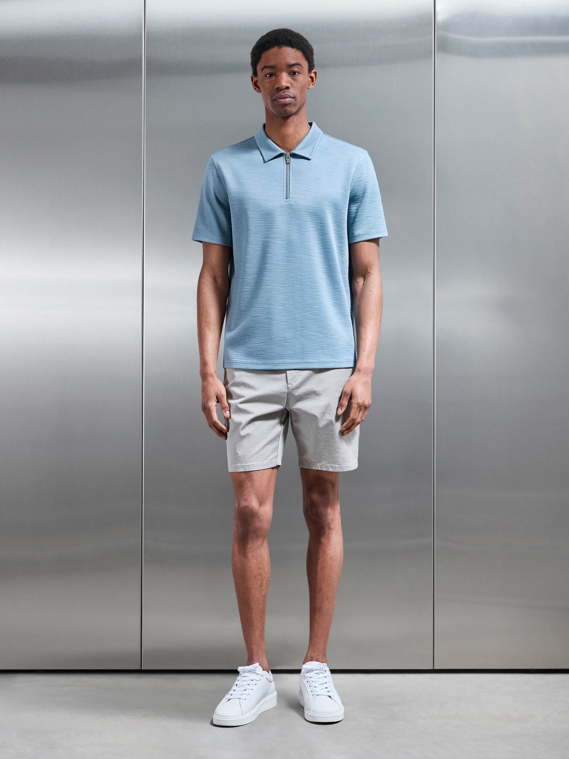 Quinta Textured Zip Polo Shirt in Aqua Blue